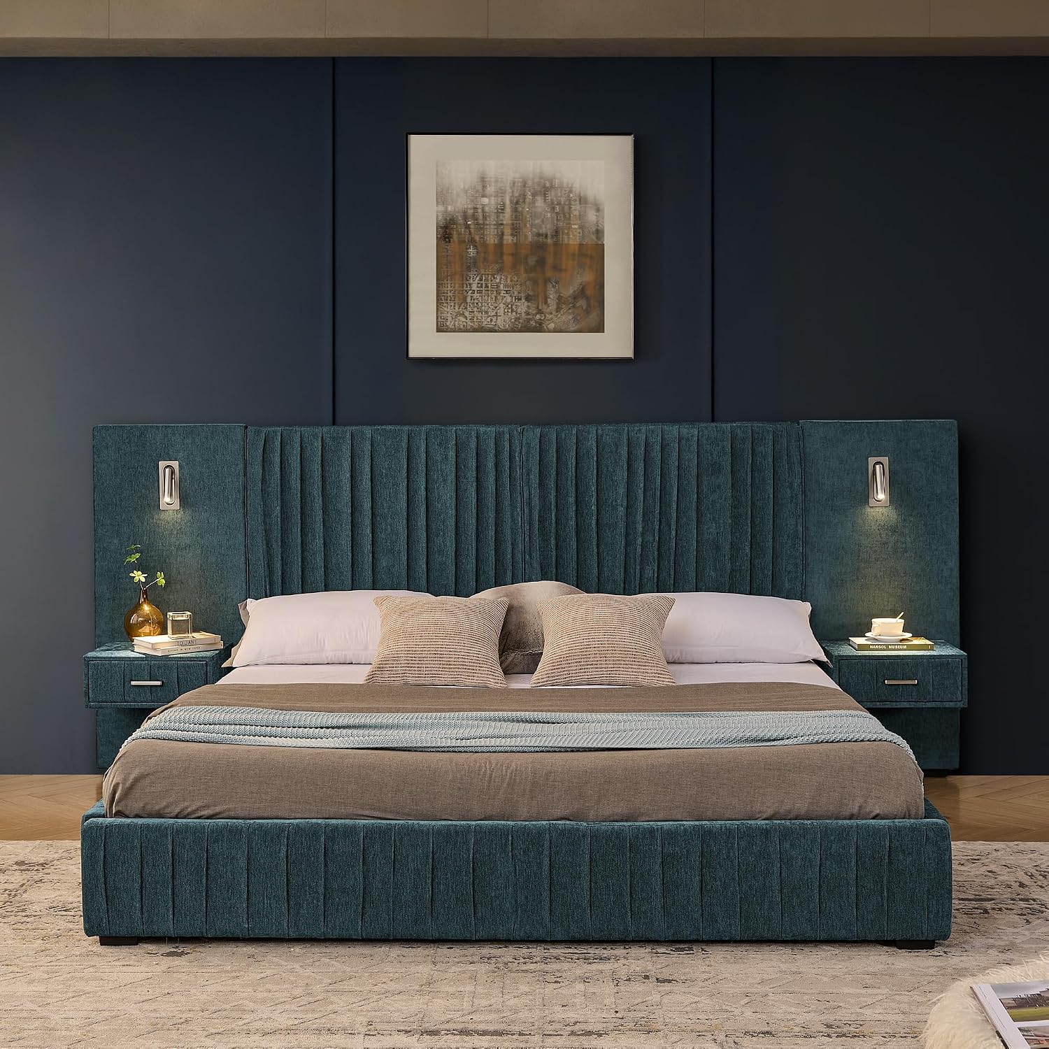 Merax Chenille Upholstered King Size Bed Frame with Wide Headboard and 2 Nightstands, Low Platform Bed Frame with Small Reading Lamp and Pleating Design for Adults, No Box Spring Needed, Blue Green