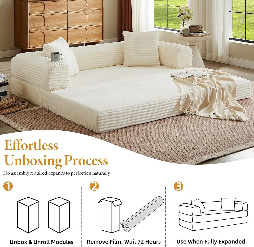 Convertible Folding Sofa Bed,Fold Out Floor Sofa Couch with Fixed-Shape Frame,Corduroy Foldable Mattress Cloud Couch for Living Room Bedroom (Off White, 78 Inch)