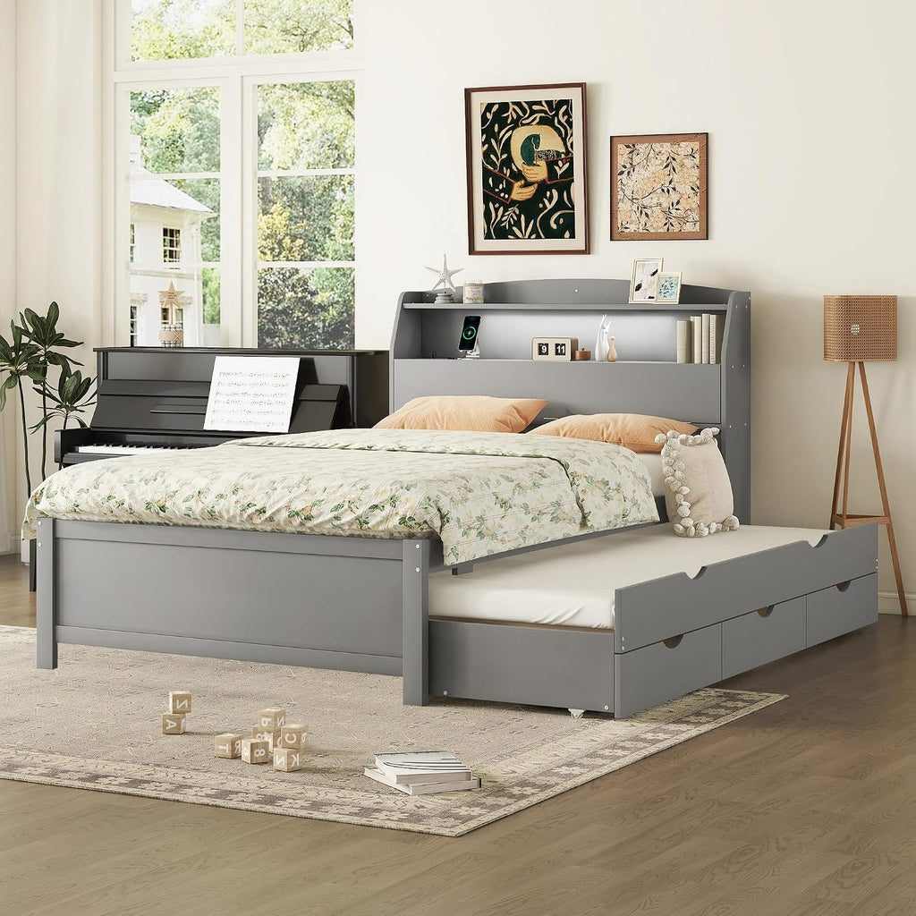 Merax Full Size Bed Frame with Flip-Up Storage Headboard, Gray Full Bed with 3 Drawers and Trundle, Wooden Bed Frame Full a Set of Sockets & USB Ports, No Box Spring Needed