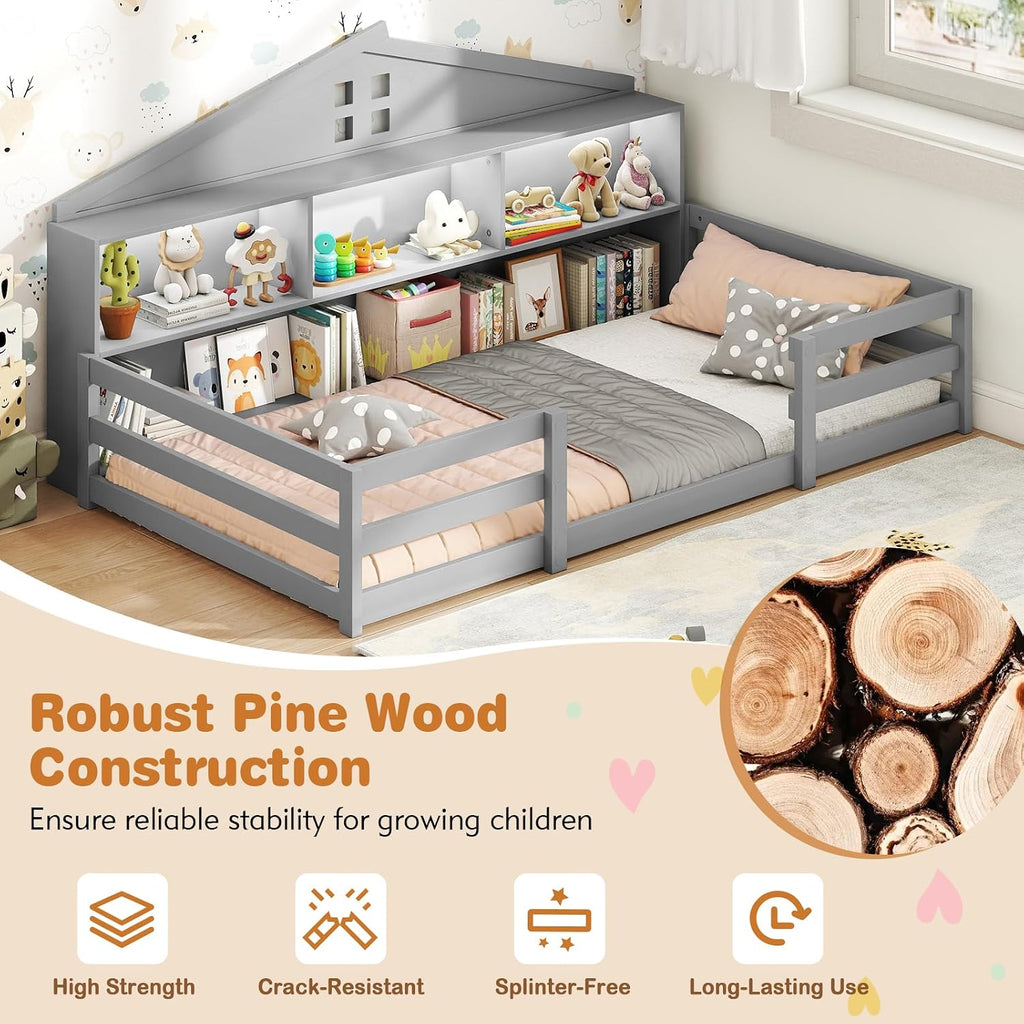 BECOMFORT Twin Floor Bed with LED Lights, 2-in-1 Kids Twin Floor Bed Frame with Bedside Bookcase & Safety Guardrails, Montessori Bed for Boys Girls