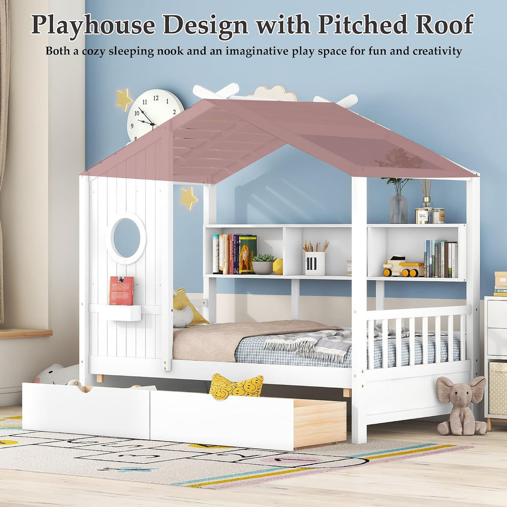 Twin Size Montessori Floor Bed with Roof & Window,Kids House Bed with 2 Drawers & Storage Shelf,Cute Playhouse Bed Frame for Kids,Wooden House Bed Frame No Box Spring Needed,Can be Decorated,White
