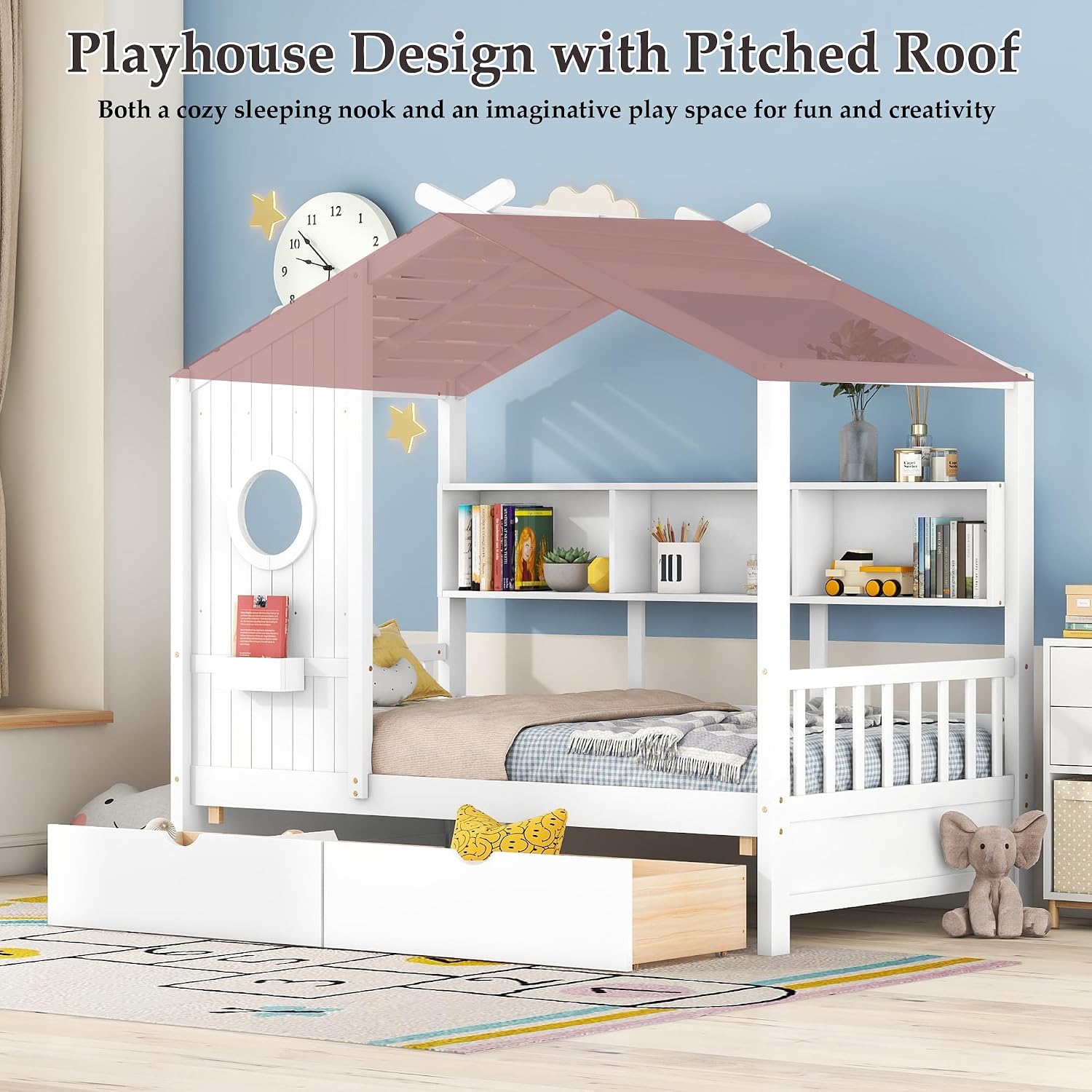 Twin Size Montessori Floor Bed with Roof & Window,Kids House Bed with 2 Drawers & Storage Shelf,Cute Playhouse Bed Frame for Kids,Wooden House Bed Frame No Box Spring Needed,Can be Decorated,White