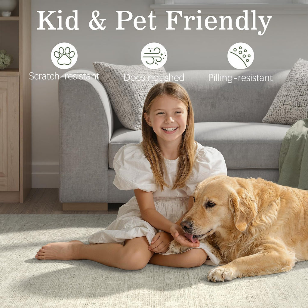 DCX 9x12 Beige Rug, Kid & Pet Friendly with Rubber Back Non Slip, Machine Washable Stain Resistant Neutral Floral Rug for Living Room, Bedroom, Home Office, Soft Low Pile Large Nursery Carpet