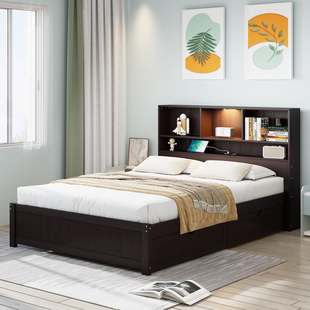 LUMISOL Twin Bed Frames with Charging Station and LED Lights, Wood Platform Bed with Bookcase Headboard and 2 Drawers, No Box Spring Needed, Espresso