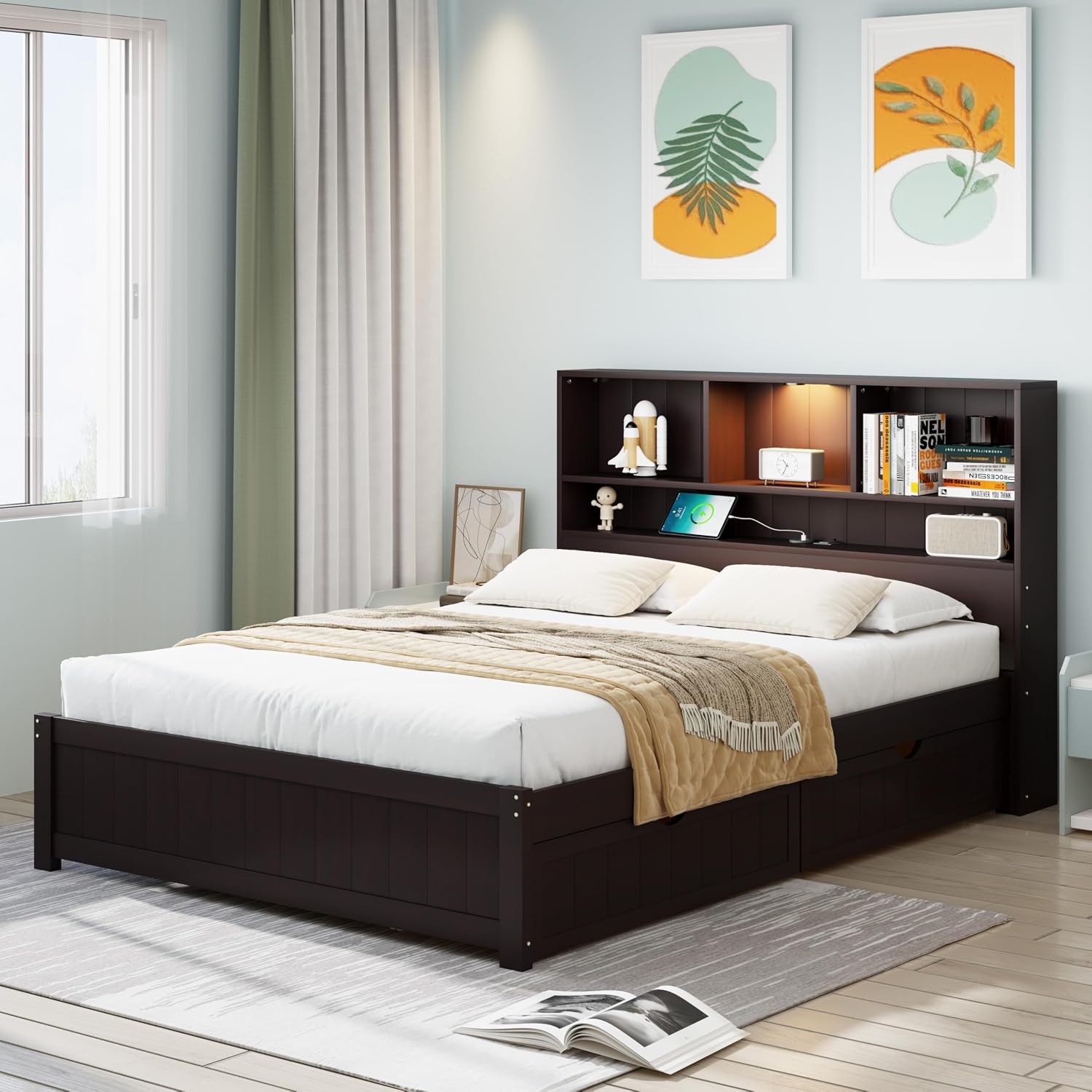 LUMISOL Twin Bed Frames with Charging Station and LED Lights, Wood Platform Bed with Bookcase Headboard and 2 Drawers, No Box Spring Needed, Espresso