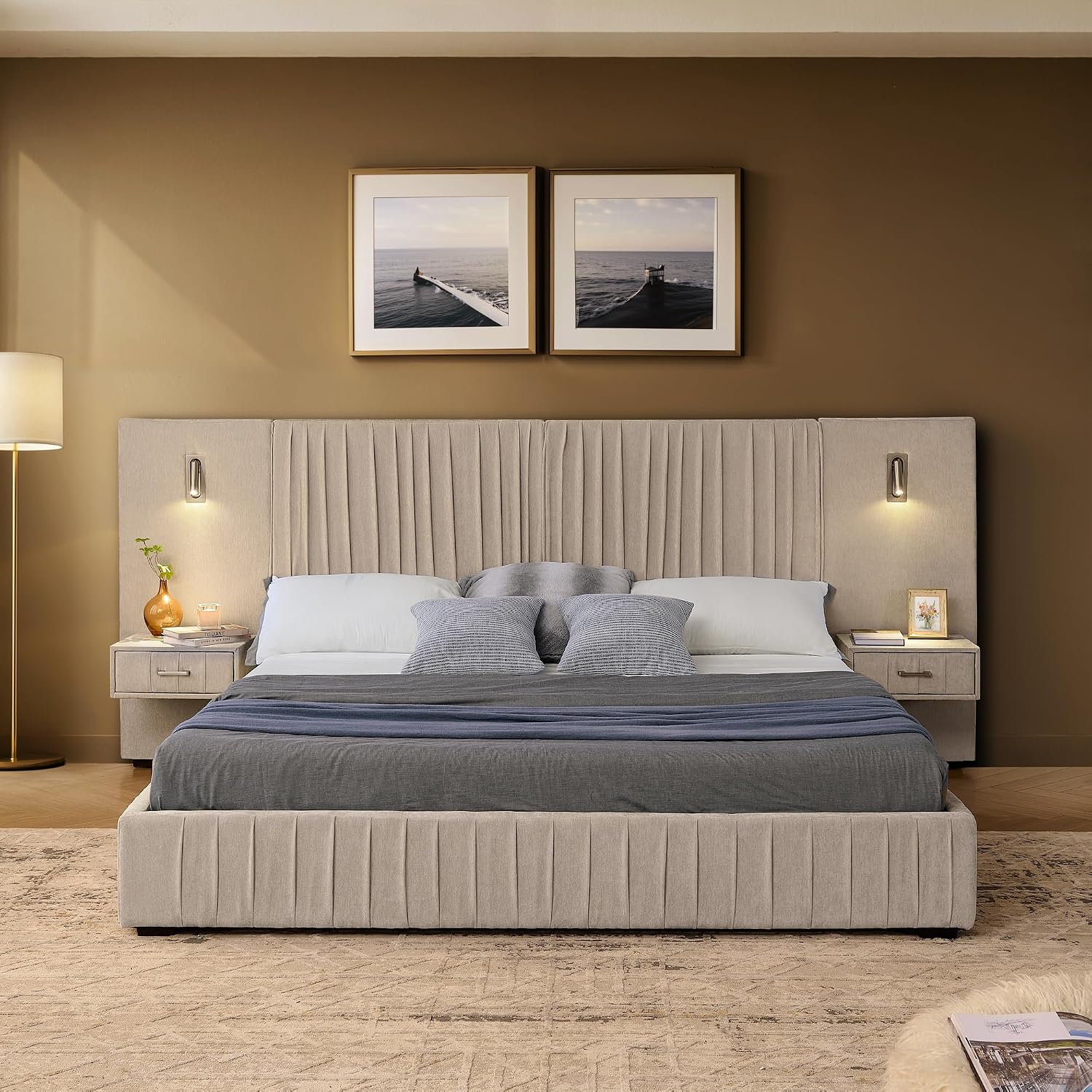 Merax Chenille Upholstered Queen Size Bed Frame with Wide Headboard and 2 Small Nightstands, Low Platform Bed Frame with Small Reading Lamp and Pleating Design for Adults, No Box Spring Needed, Beige