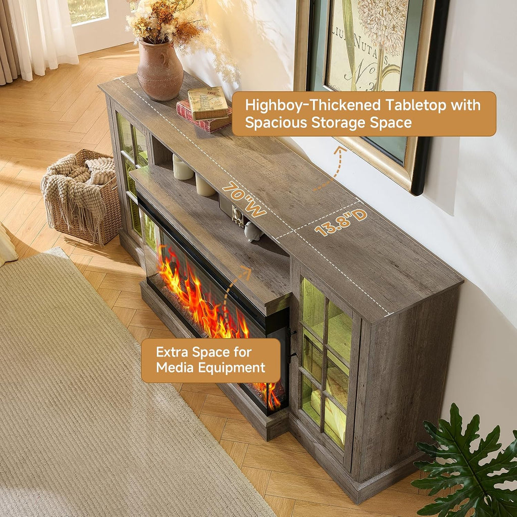 ROCKPOINT 3 Sided Glass 70' Fireplace TV Stand for TVs up to 80inch, Media Entertainment Center with Glass Door Storage Cabinet,36' Electric Fireplace with LED Light and Flame Colors,Grey