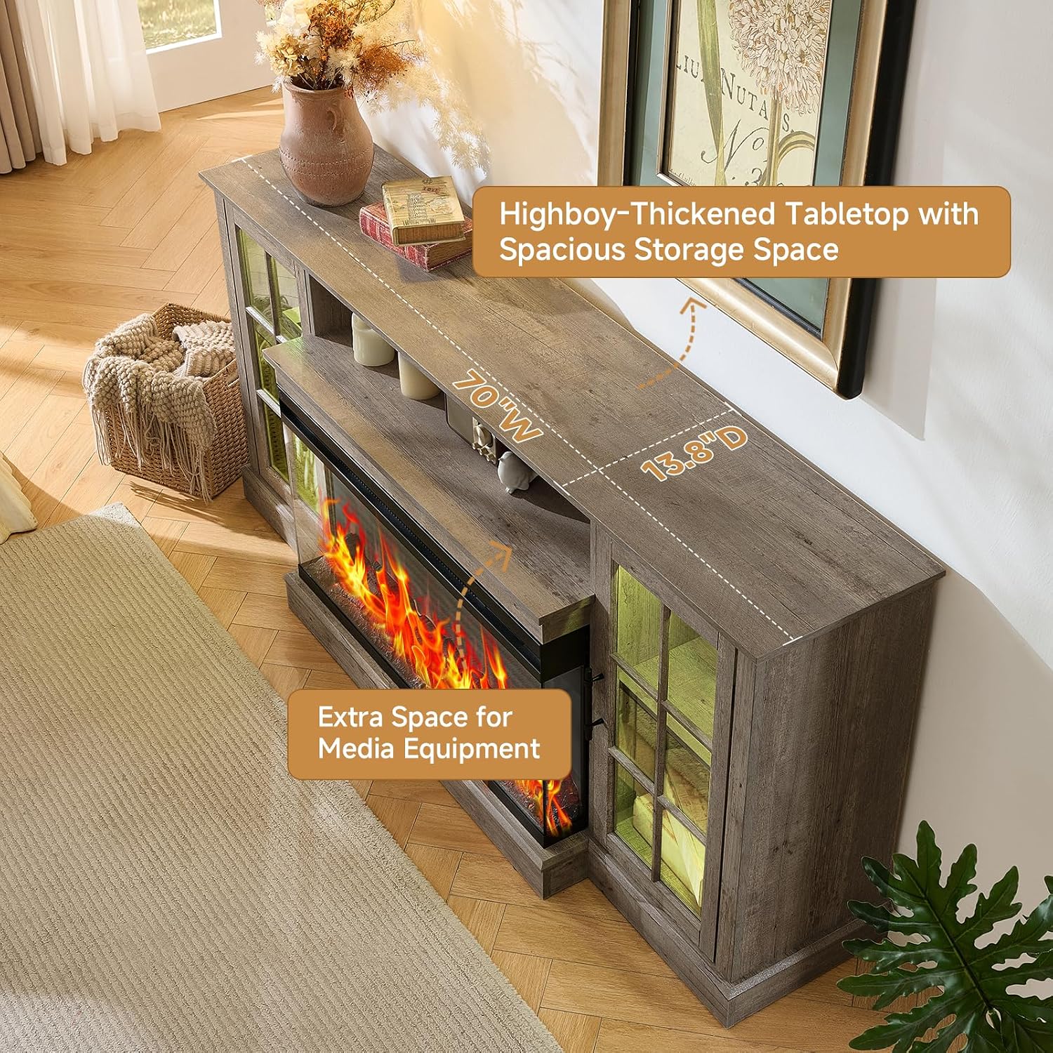 ROCKPOINT 3 Sided Glass 70' Fireplace TV Stand for TVs up to 80inch, Media Entertainment Center with Glass Door Storage Cabinet,36' Electric Fireplace with LED Light and Flame Colors,Grey