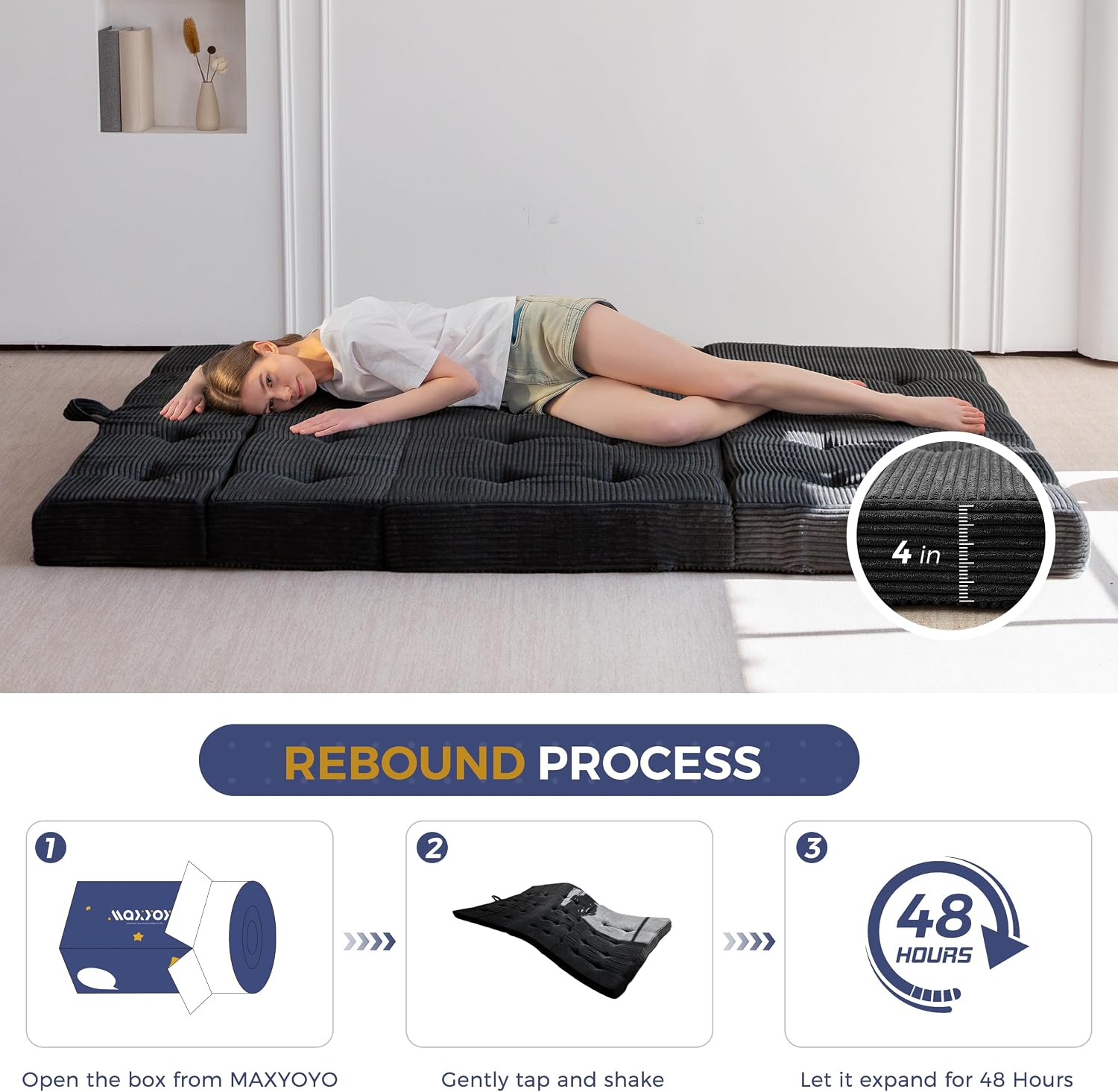 MAXYOYO Foldable Sofa Couch Bed, 4 Inch Tufted Folding Mattress, Portable Floor Couch with Handles Guest Bed Topper Portable Camping Mat with Corded Fabric, Full Size, Black