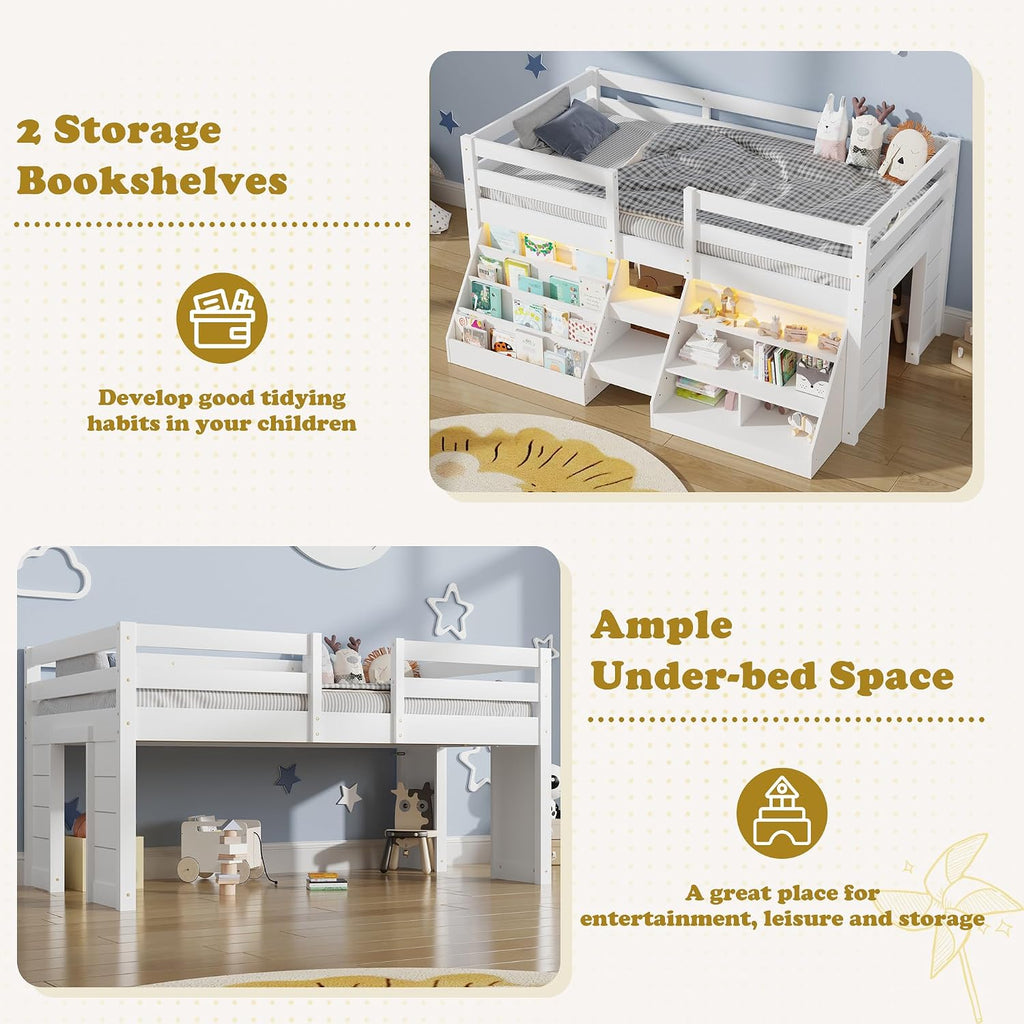 St.Mandyu Twin Size Low Loft Bed with LED Lights, Twin Loft Bed with Stairs, Bookcase, Safety Guardrail and Under-Bed Play Space, White
