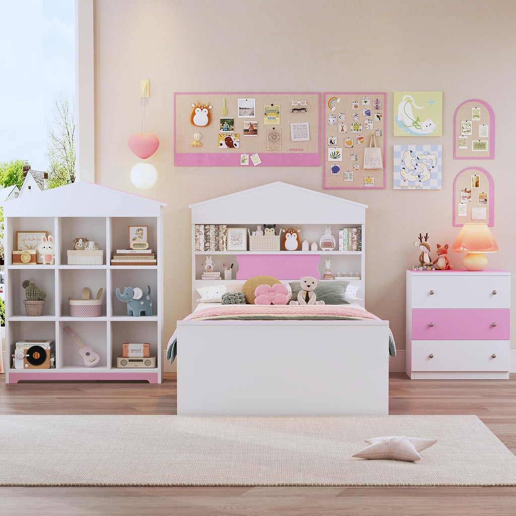 3 Pcs Bedroom Sets, Twin Size House Shaped Wooden Bed with Storage Drawers, Nightstand with Colorblock Design and House Shaped Stroage Rack, Pink+White