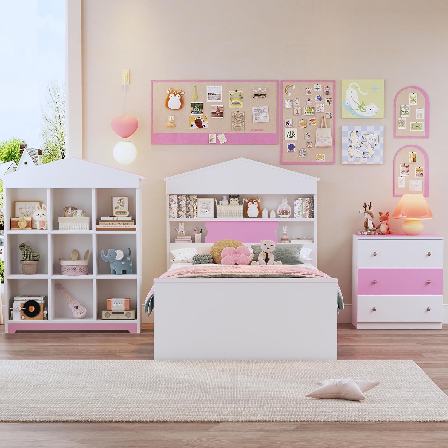 3 Pcs Bedroom Sets, Twin Size House Shaped Wooden Bed with Storage Drawers, Nightstand with Colorblock Design and House Shaped Stroage Rack, Pink+White