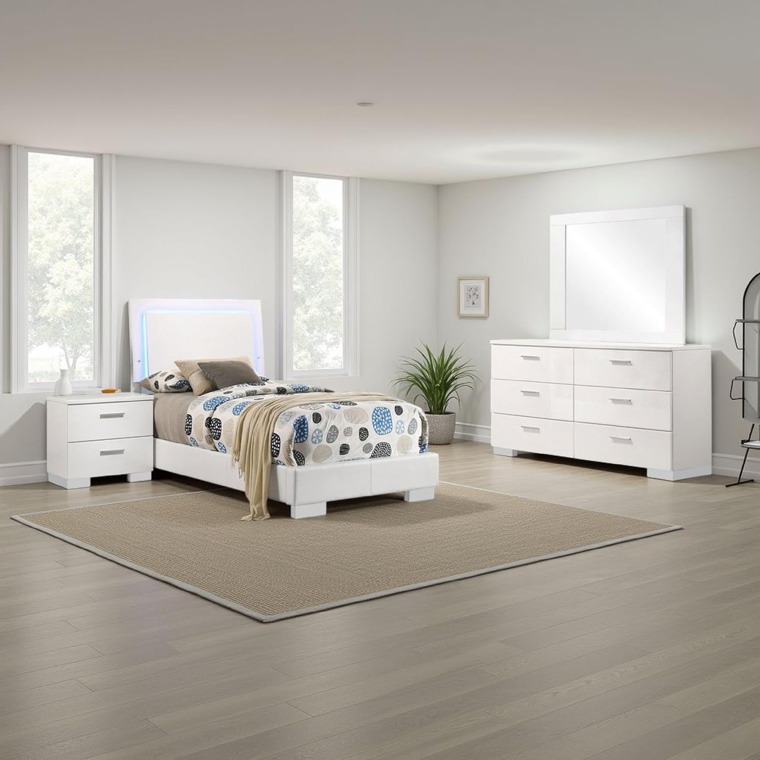 Benjara Sok 4pc Twin Size Bedroom Set- Modern White/LED Upholstered Headboard