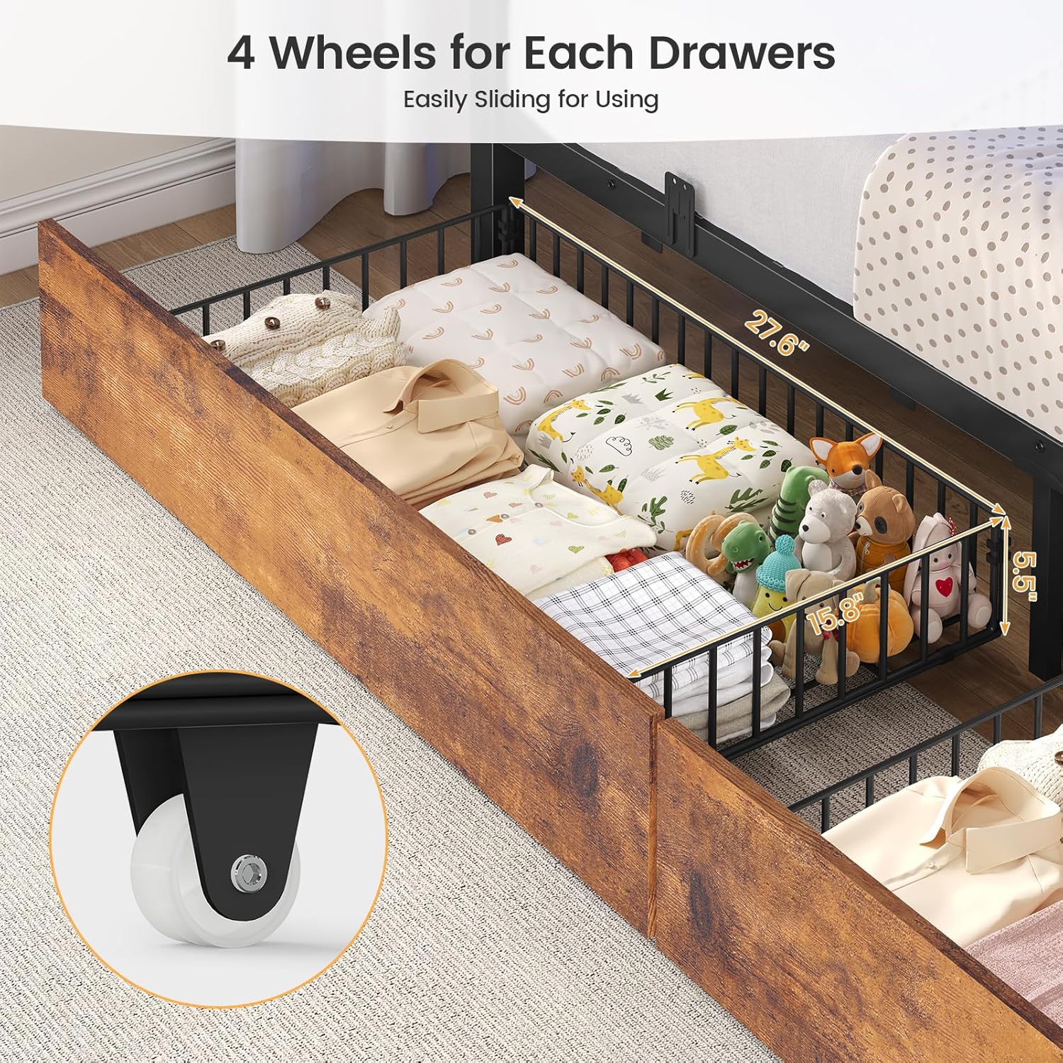 BTHFST Bunk Bed Full Over Full with Stairs, LED Lights Full Bunk Beds with 2 Storage Drawers & 6 Fabric Drawers, Metal Full Loft Beds with Safety Guardrail & Stairs, Space Saving, Rustic Brown