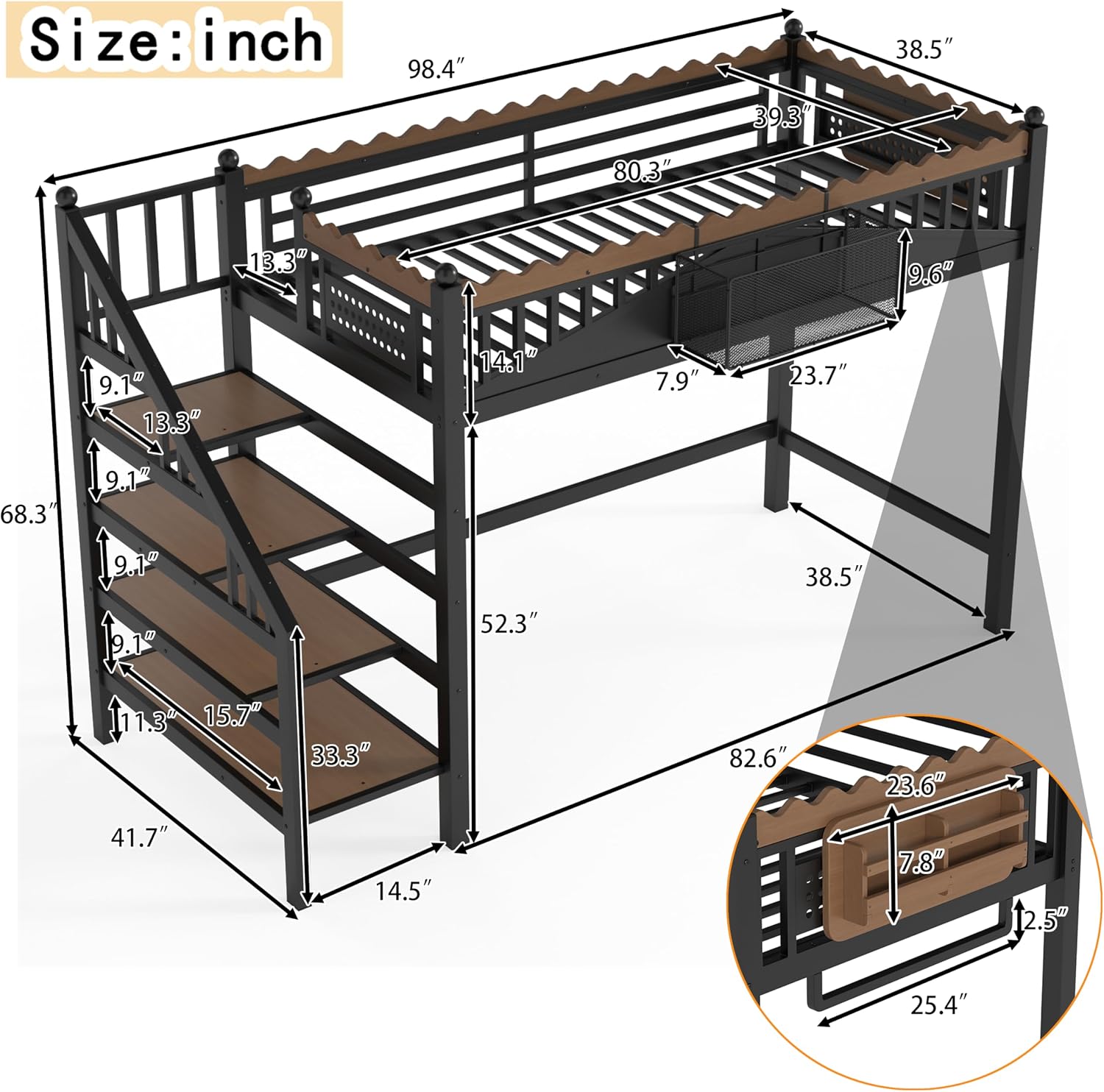 JIVOIT Twin XL Size Metal Loft Bed Frame, Space-Saving Loft Bed with Storage Stairs, Storage Shelves and Bookshelf, Strong Support Slats, Perfect for Bedroom, Guest, Dorms
