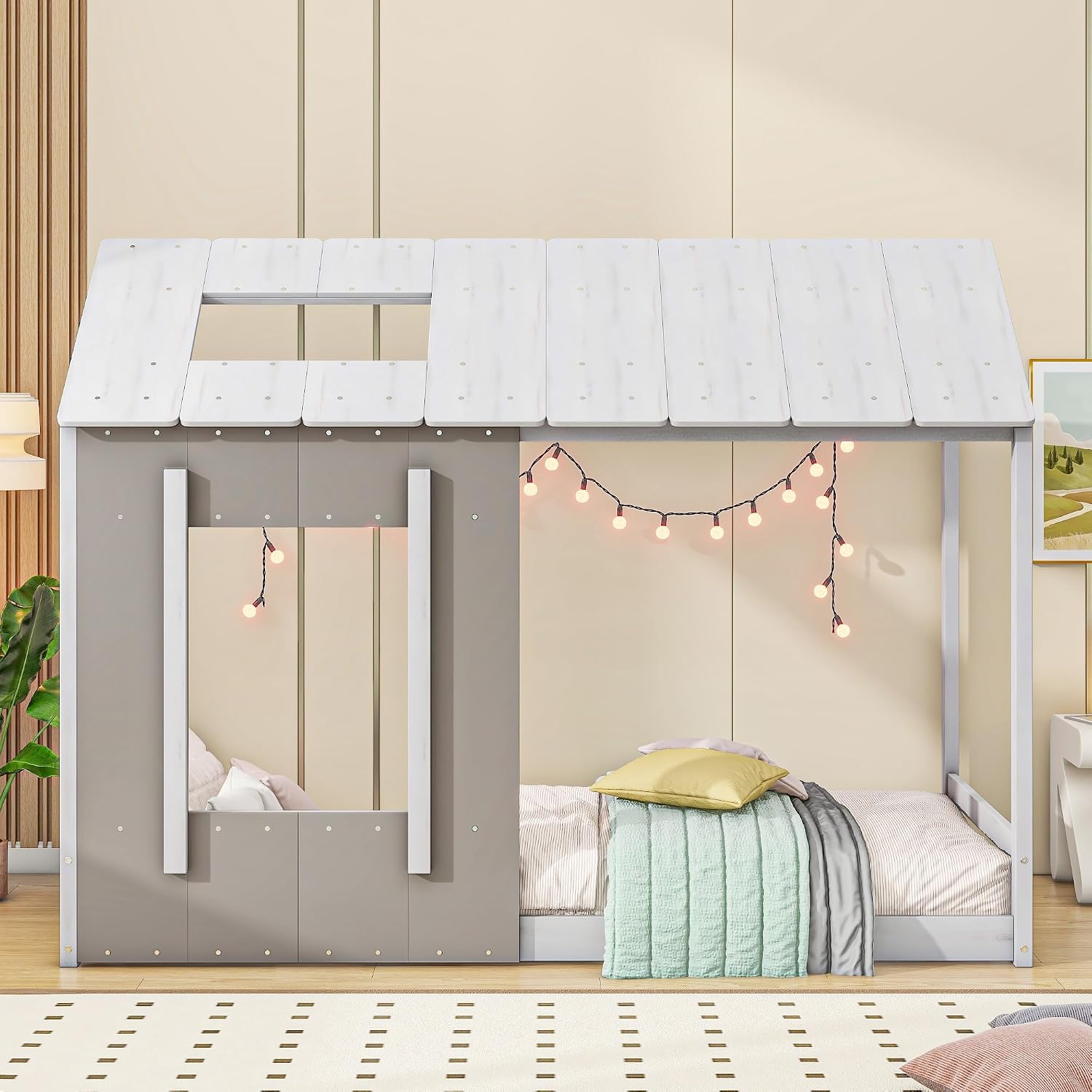 JIVOIT House Platform Bed with Roof and Window, Twin Size Kids House Bed Wood Bed Frame, Low Floor Bed for Toddler Kids Teens Boys Girls (Antique Grey+Antique White)