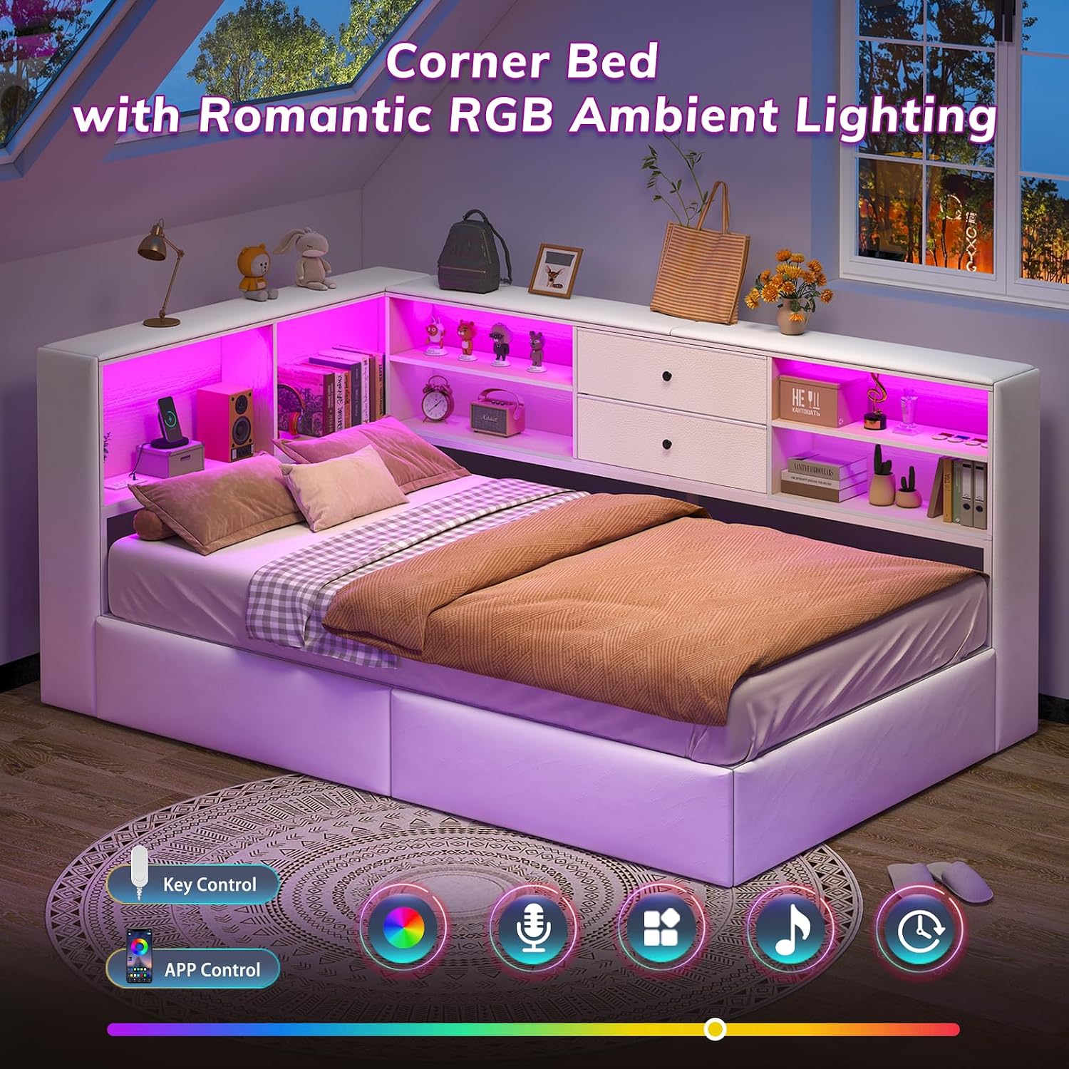 Twin Corner Bed Frame with Storage Bookcase and 4 Drawers, Upholstered Daybed Twin Size with Charging Station & LED Lights, White L-Shape Twin Size Bed Frames Metal Platform Bed for Kids Teenagers