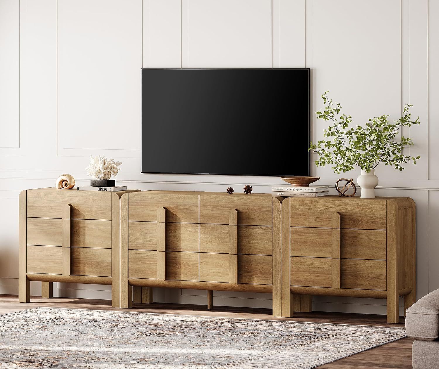 WAMPAT 3 Piece Bedroom Dresser Set, 110.2' Wide 12 Drawers Wood Dresser, Mid-Century Modern Storage Chest with Curved Handles for Bedroom, Living Room (Light Walnut)
