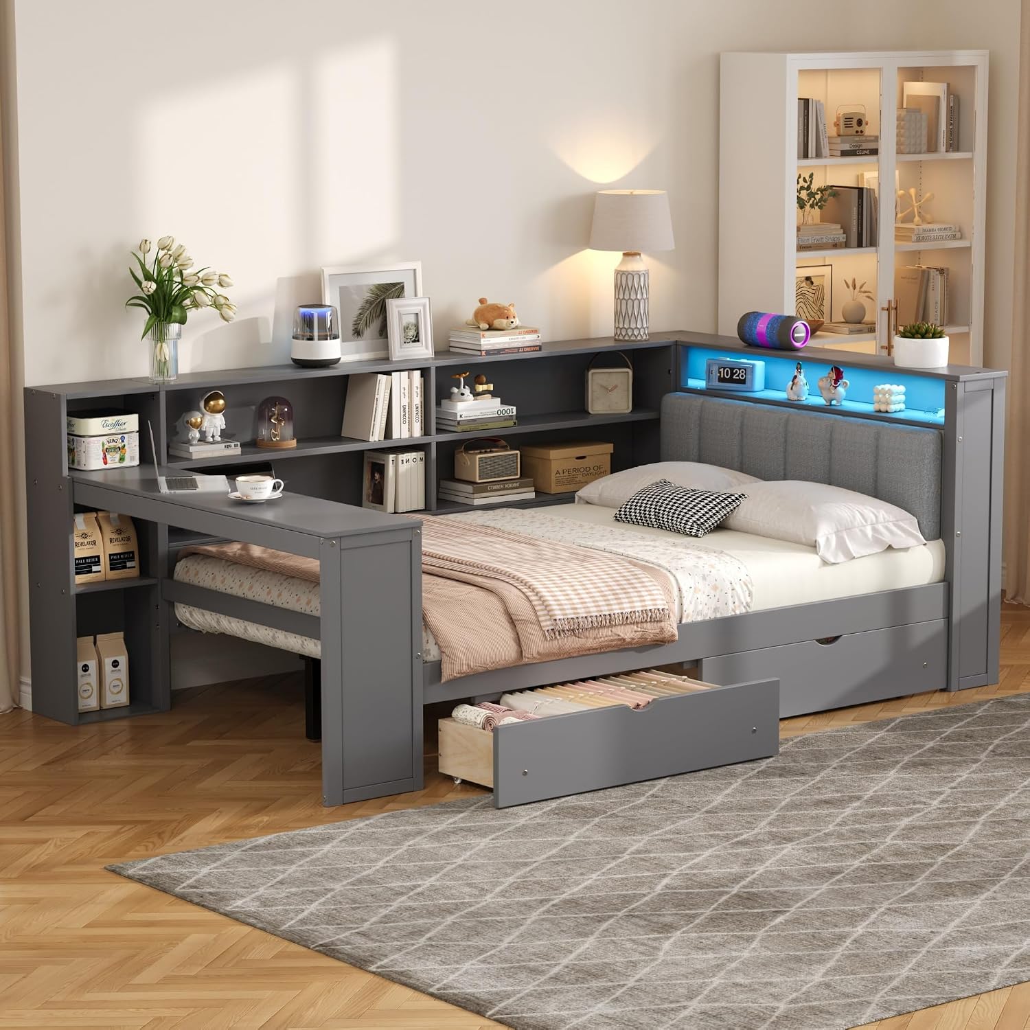 Full Size Platform Bed with Storage Shelves and Drawers, Solid Wood Daybed with Charging Station, LED, Desk and Upholstered Headboard for Living Room Bedroom (Grey-JU5)