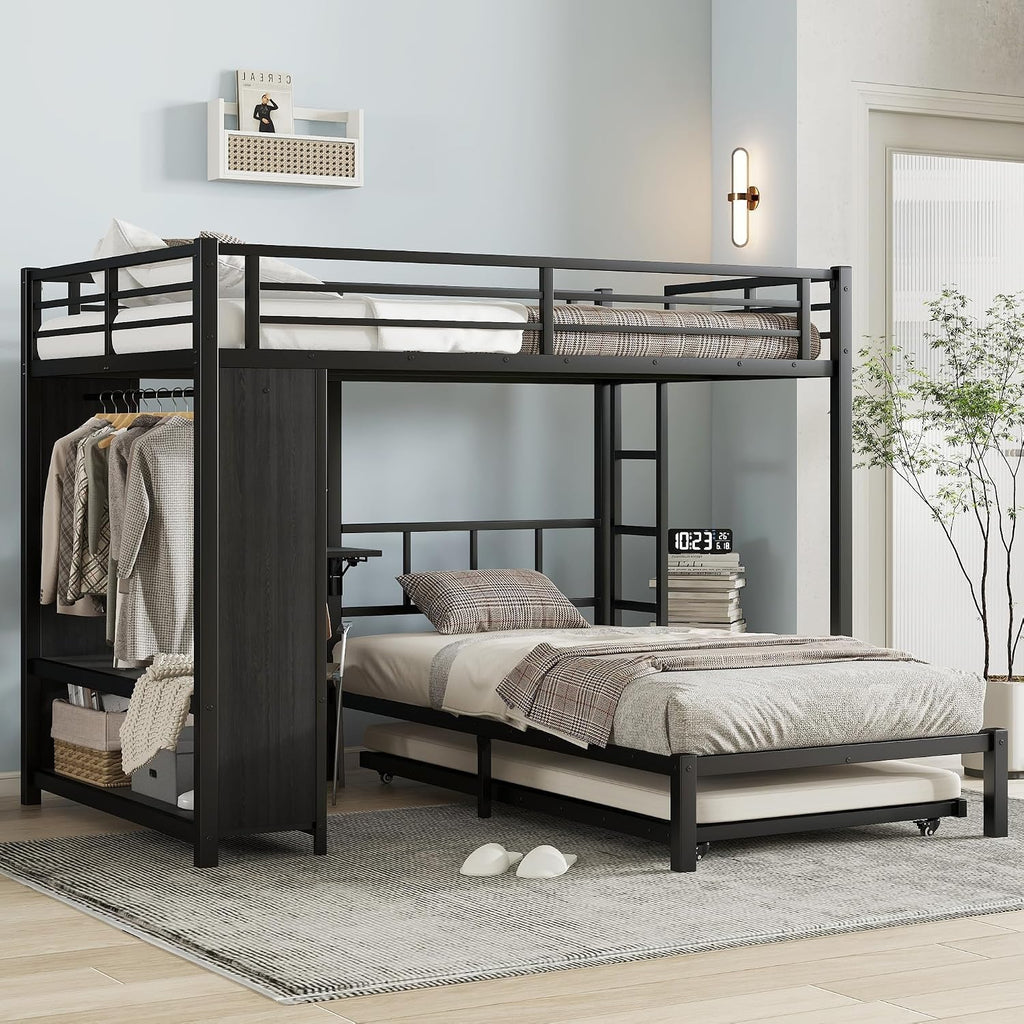 JIVOIT Metal Bunk Bed with Trundle, Full Over Twin Bunk Bed with Foldable Desk, Built-in Wardrobe, Ladders and Safety Guard, Noise-Reduced Design, Space-Saving, No Box Spring Needed