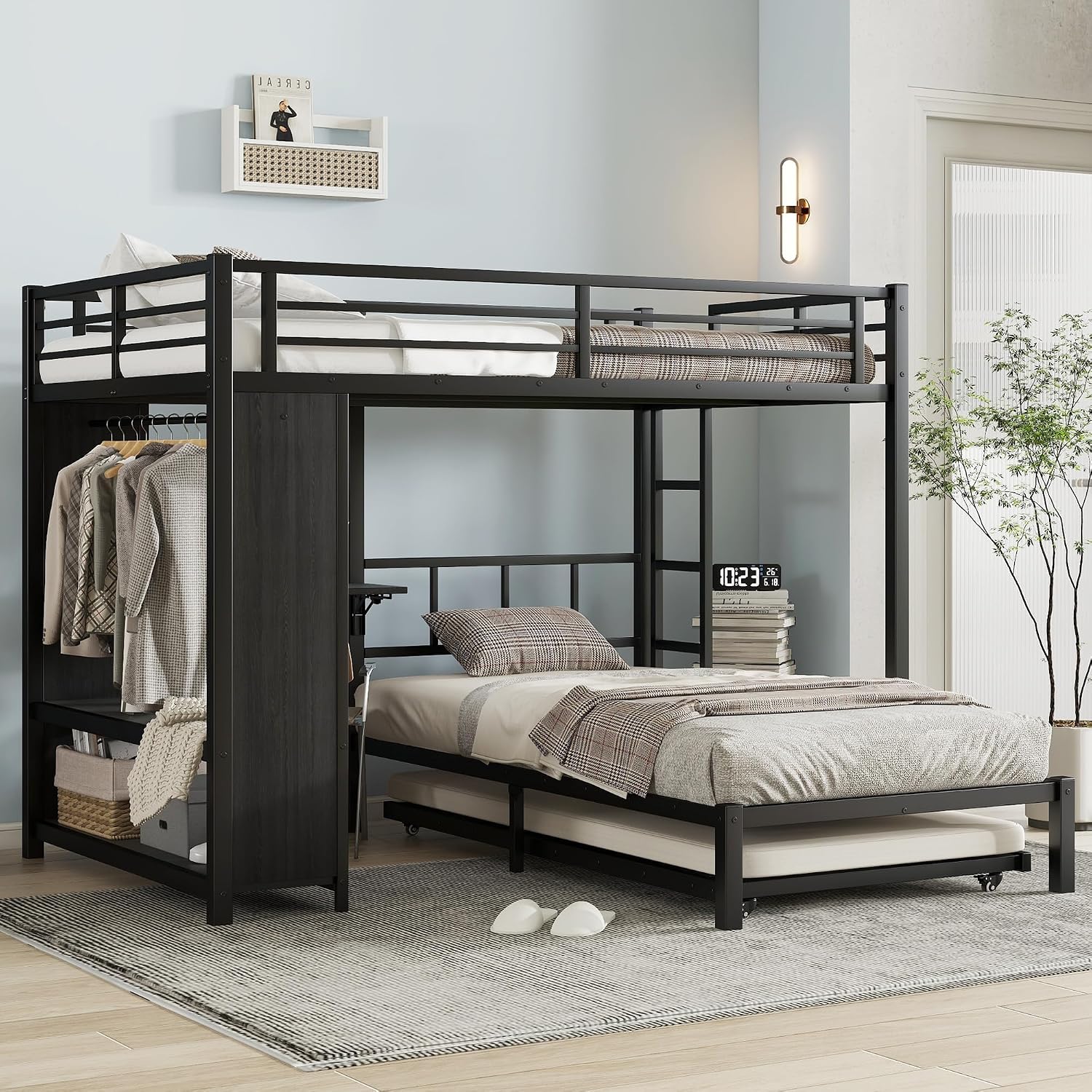 JIVOIT Metal Bunk Bed with Trundle, Full Over Twin Bunk Bed with Foldable Desk, Built-in Wardrobe, Ladders and Safety Guard, Noise-Reduced Design, Space-Saving, No Box Spring Needed