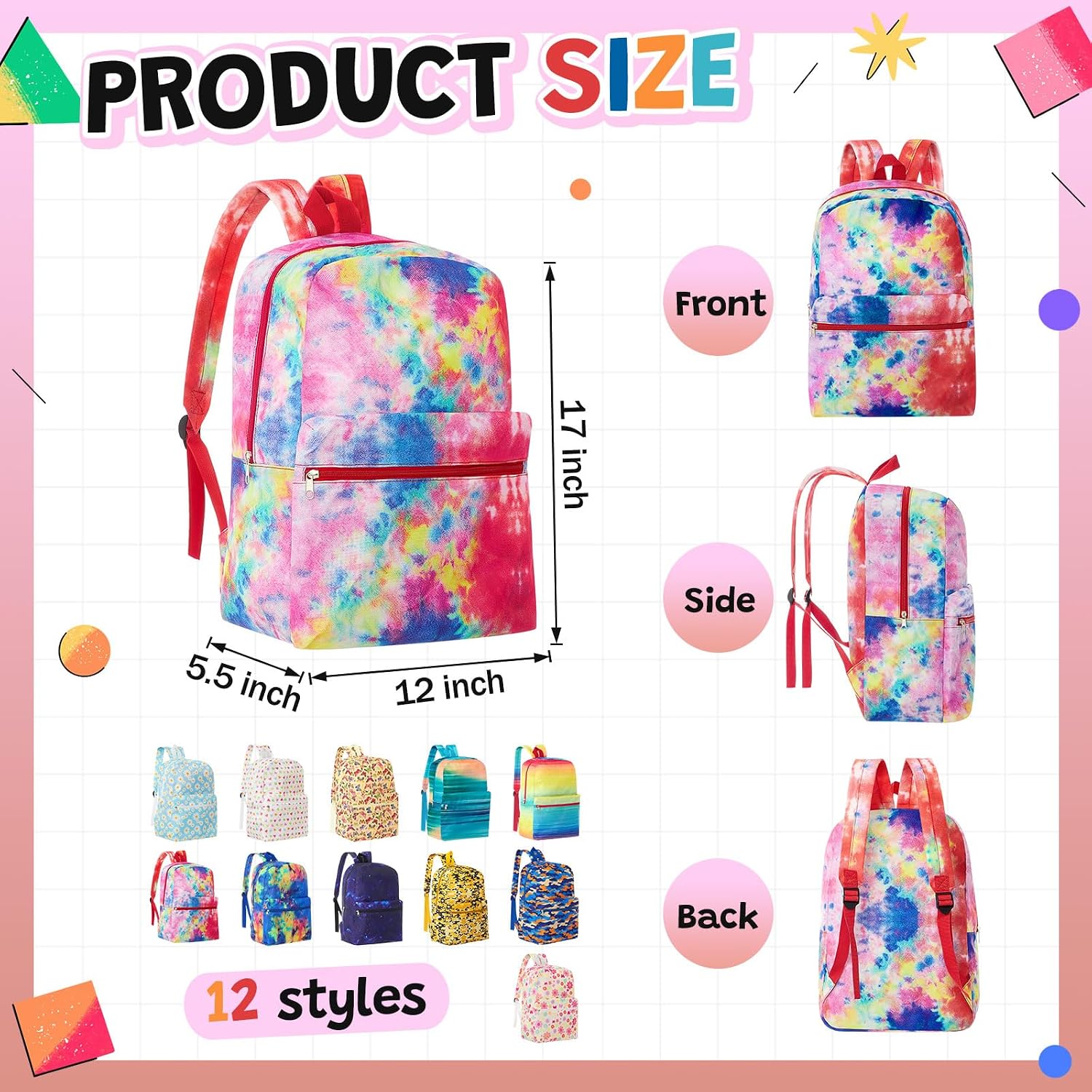 Amylove 12 Pack Backpack Bulk for Kids Lightweight School Wholesale Backpacks Printed Book Bag in Bulk for First Day of School (17 Inch,Assorted Color)