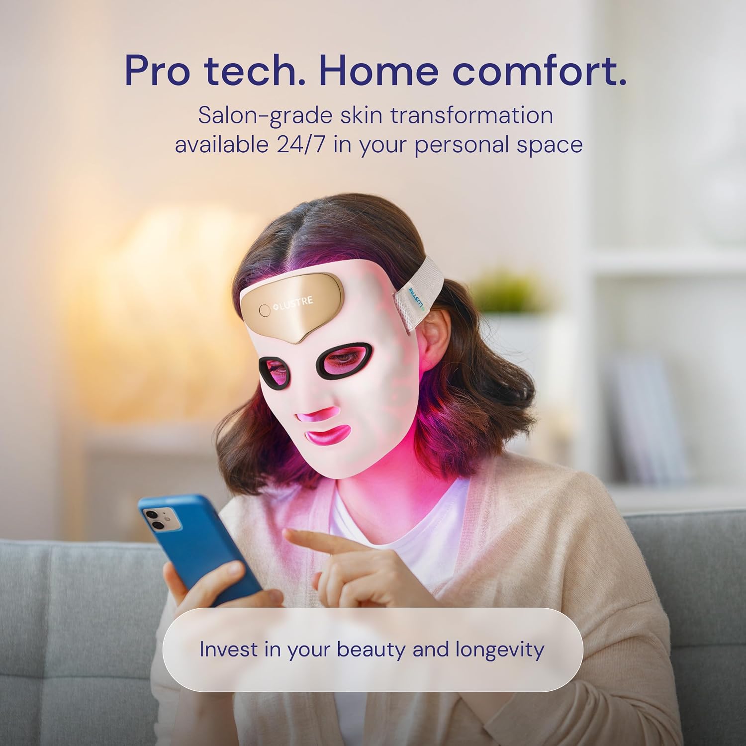LED Face Mask Light Therapy for Acne & Anti-Aging Skincare | FDA-Cleared, Wireless & App-Controlled | Blue, Near-Infrared & Red Light Therapy Mask for Face - Lustre ClearSkin Renew Pro Facewear