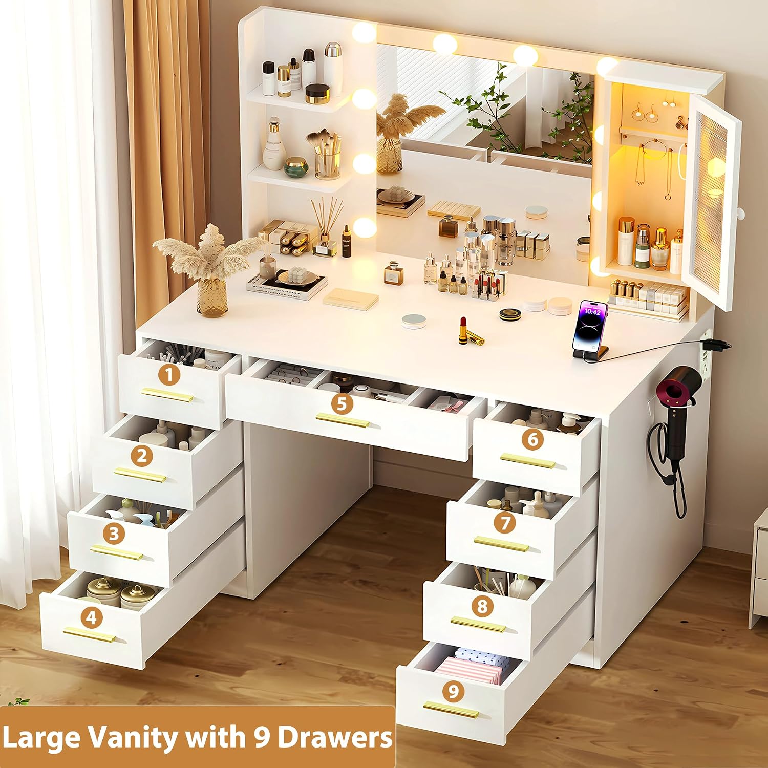 ERLEJIA Vanity Desk with Mirror and Lights, Large 43' White Makeup Vanity Desk with 9 Drawers and Power Outlet, 3 Open Shelves and 1 RGB Lighting Cabinet, White and Gold