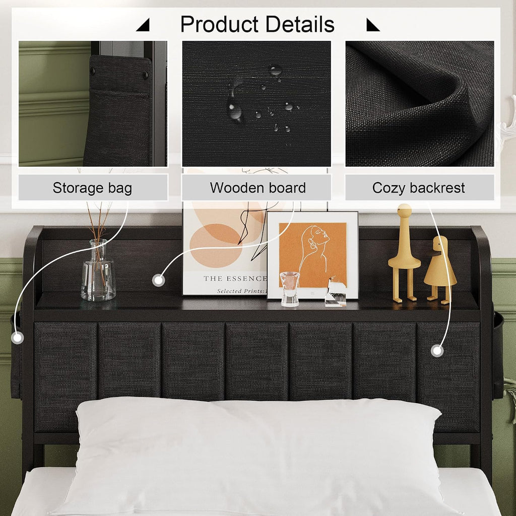 Lutown-Teen 16 Inch Twin Bed Frames with Upholstered Storage Headboard, Sturdy Single Bed Frame, No Box Spring Needed Twin Platform, Black