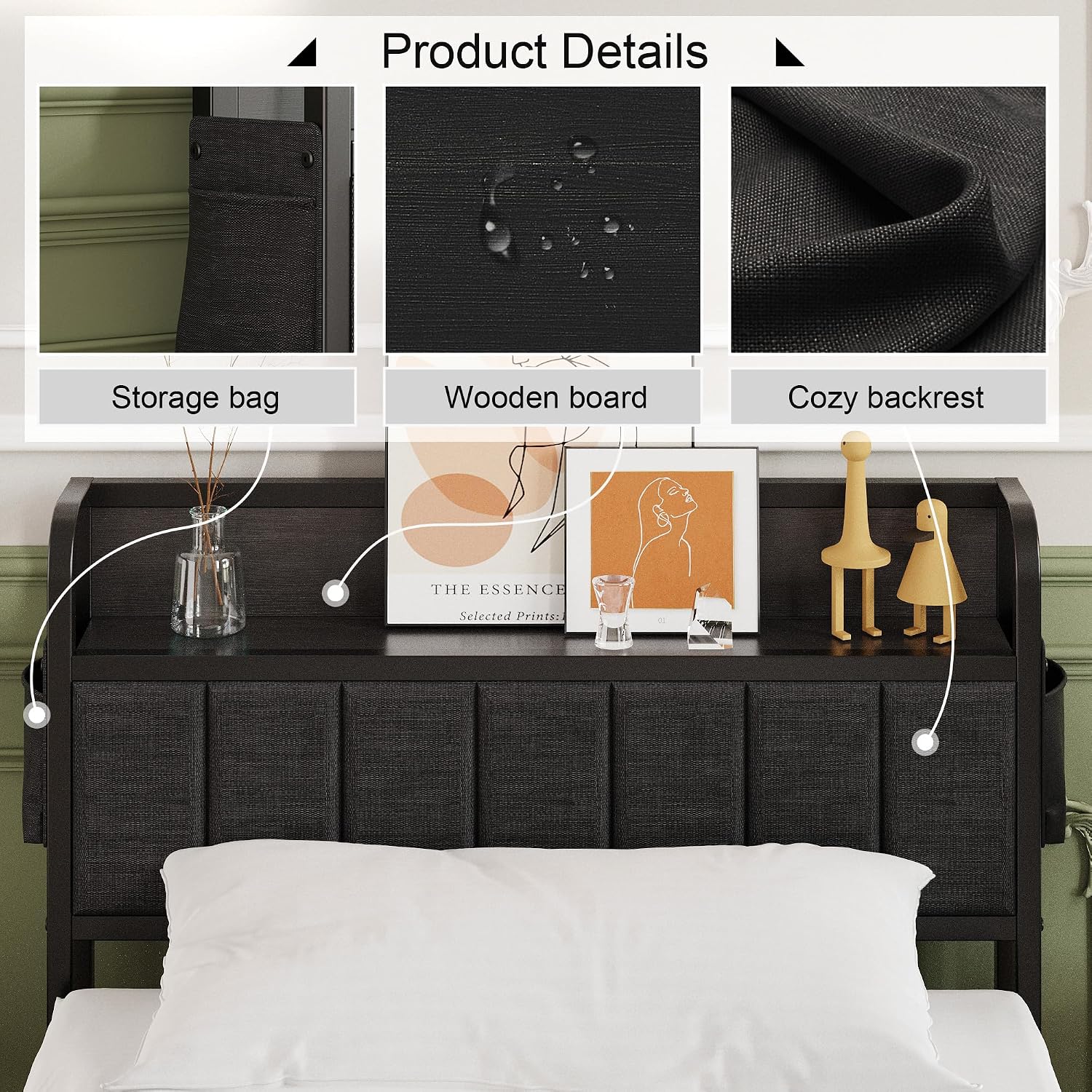 Lutown-Teen 16 Inch Twin Bed Frames with Upholstered Storage Headboard, Sturdy Single Bed Frame, No Box Spring Needed Twin Platform, Black