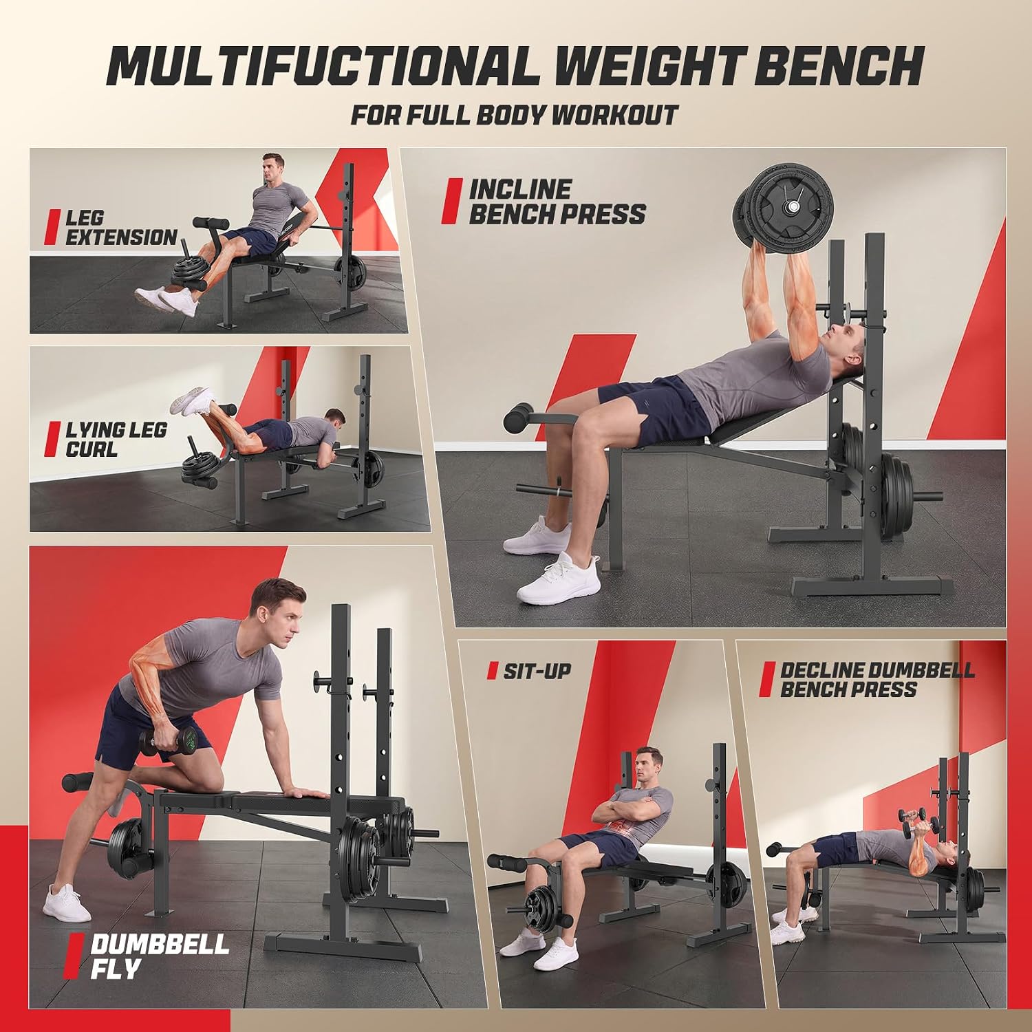OPPSDECOR Weight Bench Set, Multi-Function Adjustable Bench Press with Squat Rack Leg Extension & Leg Curl Workout Bench Foldable Workout Bench Flat/Incline/Decline Upgrade Weight Benches for Home Gym