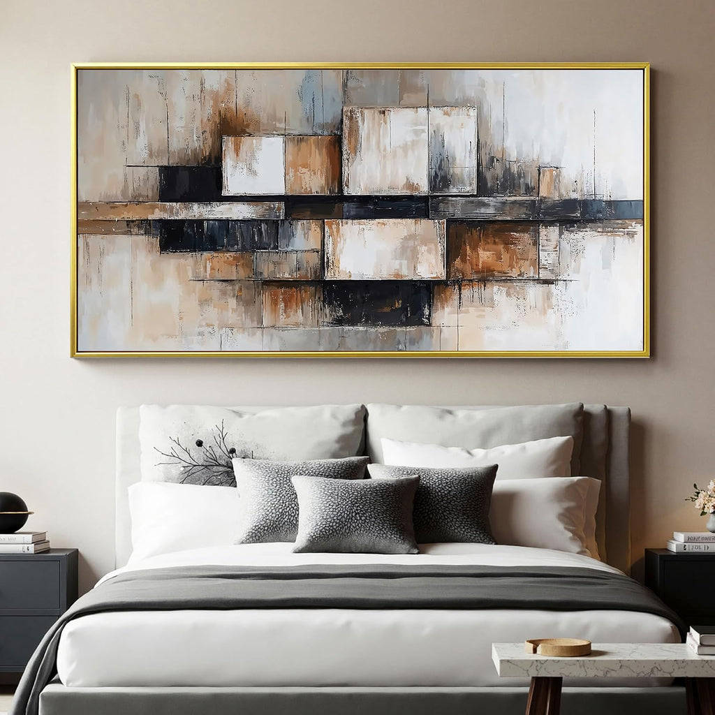 Modern Abstract Geometric Oversized Wall Art Decor For Living Room Modern Abstract Beige And Black Wall Art Geometric Decorations Prints Wall Art For Bedroom And Office Gold Frame Wall Decor 29 X 58In