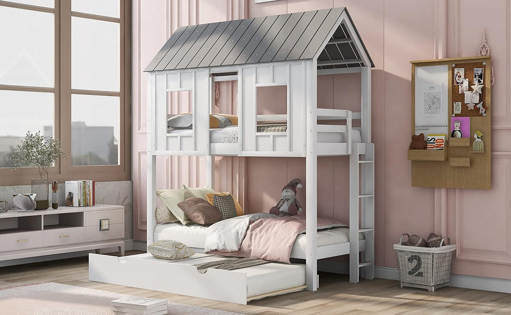 Twin Over Twin Bunk Bed for Kids Toddlers, House Bunk Bed Farm with Trundle/Roof/Windows/Guardrail for Girls/Boys, No Spring Box Required