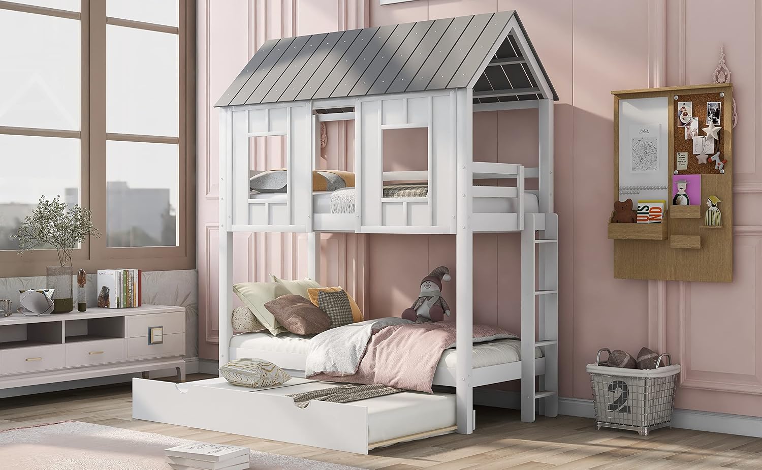 Twin Over Twin Bunk Bed for Kids Toddlers, House Bunk Bed Farm with Trundle/Roof/Windows/Guardrail for Girls/Boys, No Spring Box Required