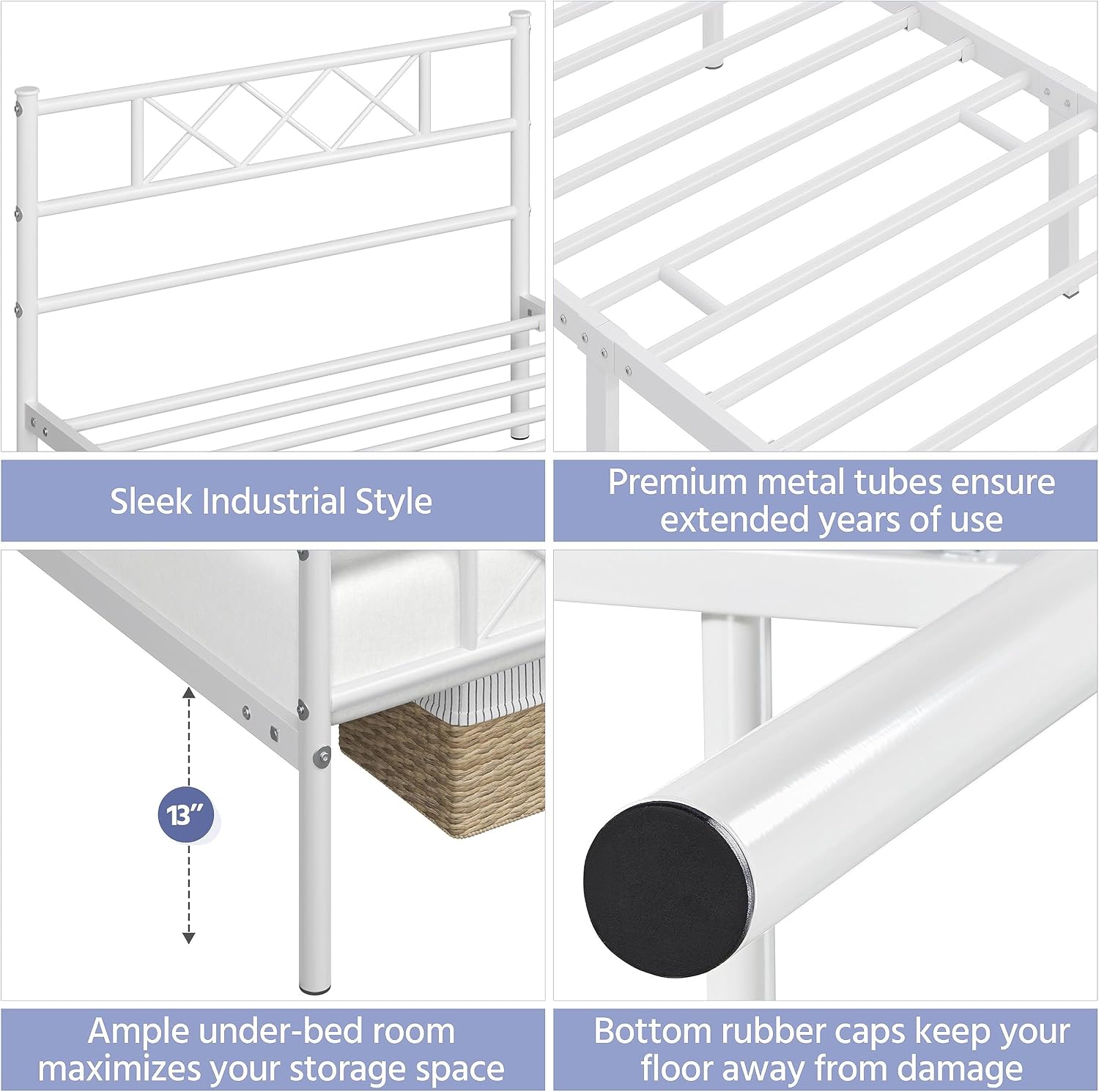 Yaheetech White Twin Metal Platform Bed Frame Mattress Foundation with Headboard and Footboard Under Bed Storage Steel Slats No Box Spring Needed 2Pcs