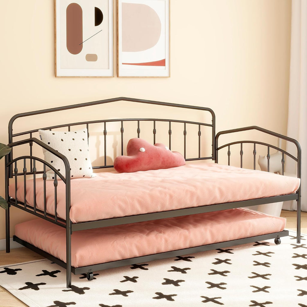 mikibama Twin Daybed with Trundle,Victorian Metal Daybeds with Pull Out Trundle,Vintage Guest Day Bed Frame Twin Size for Living Room,Bedroom,Apartment (Victorian Black with Trundle)