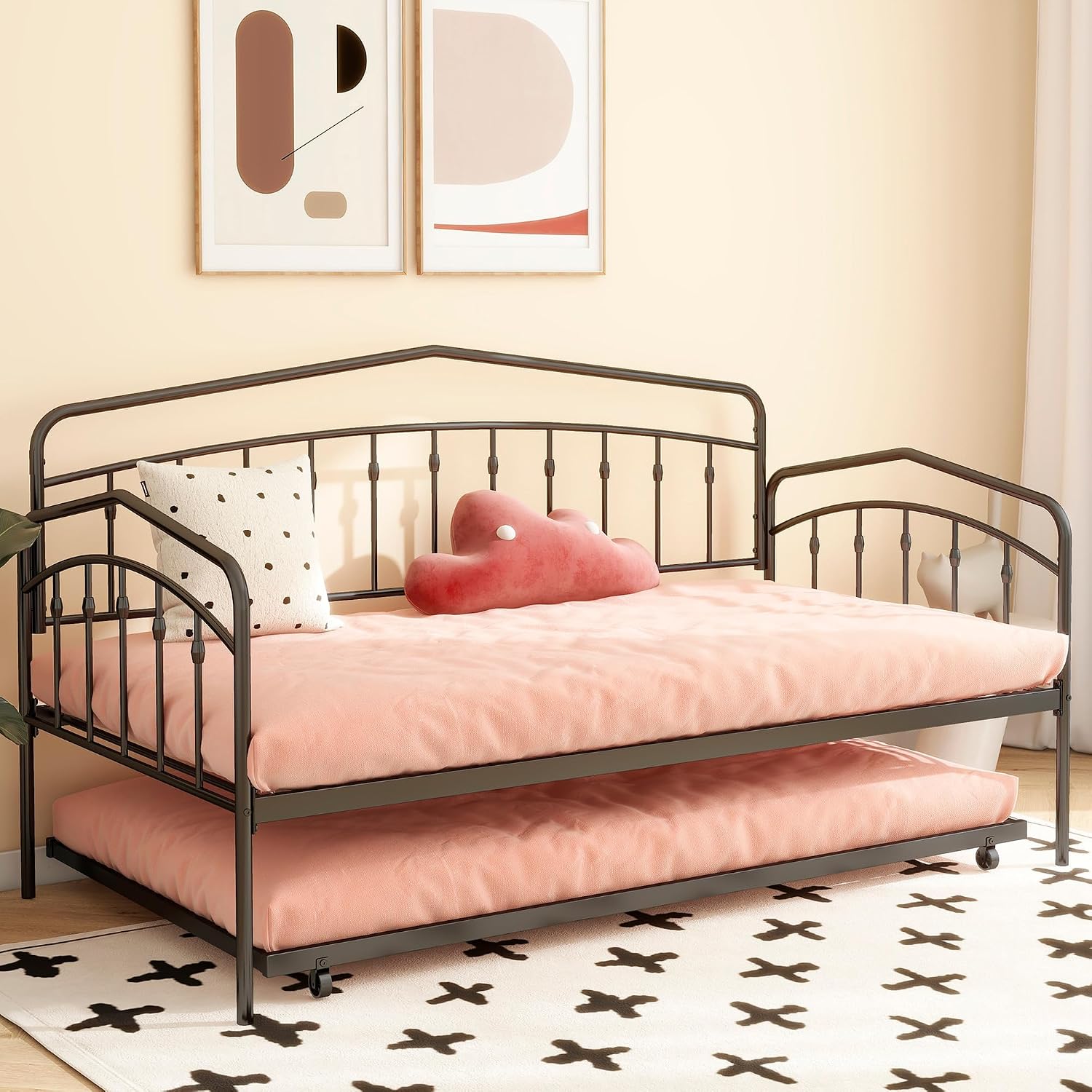 mikibama Twin Daybed with Trundle,Victorian Metal Daybeds with Pull Out Trundle,Vintage Guest Day Bed Frame Twin Size for Living Room,Bedroom,Apartment (Victorian Black with Trundle)