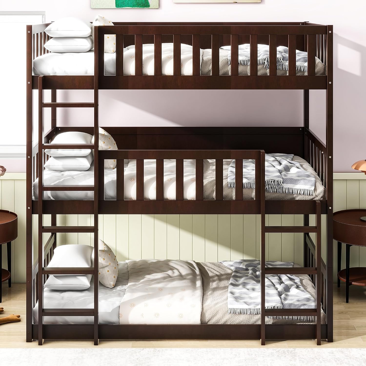 Twin Size Triple Rubber Wood Bunk Bed, Detachable Bunk Bed with Ladders, Guardrails, Twin Over Twin Over Twin for Kids, Espresso