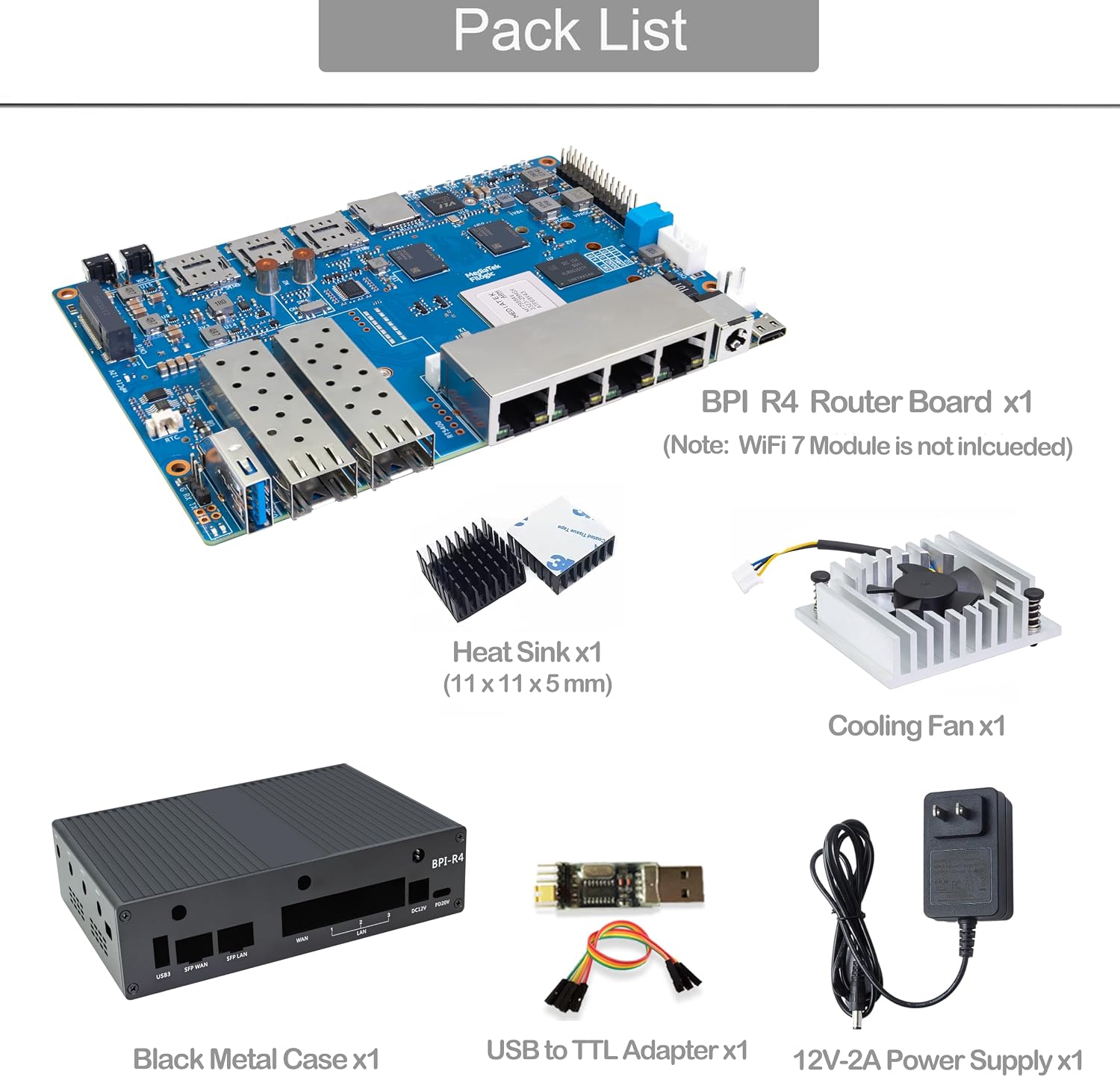 Banana Pi BPI-R4 WiFi 7 Wireless Dual-Band WiFi Router Board OpenWRT, with MediaTek MT7988A (Filogic 880) SoC, Support 2X 10GbE SFP and 4X GbE Gigabit Ethernet for NAS Smart Home Gateway (Bundle2)