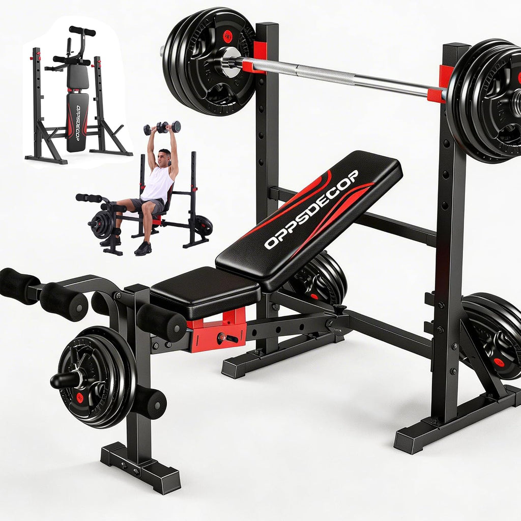OPPSDECOR 900LBS 6 in 1 Weight Bench Set with Leg Extension and leg Curl, Adjustable Incline Decline Flat Bench Press with Squat Rack, Foldable All in One Home Gym Workout Bench for Full Body Training