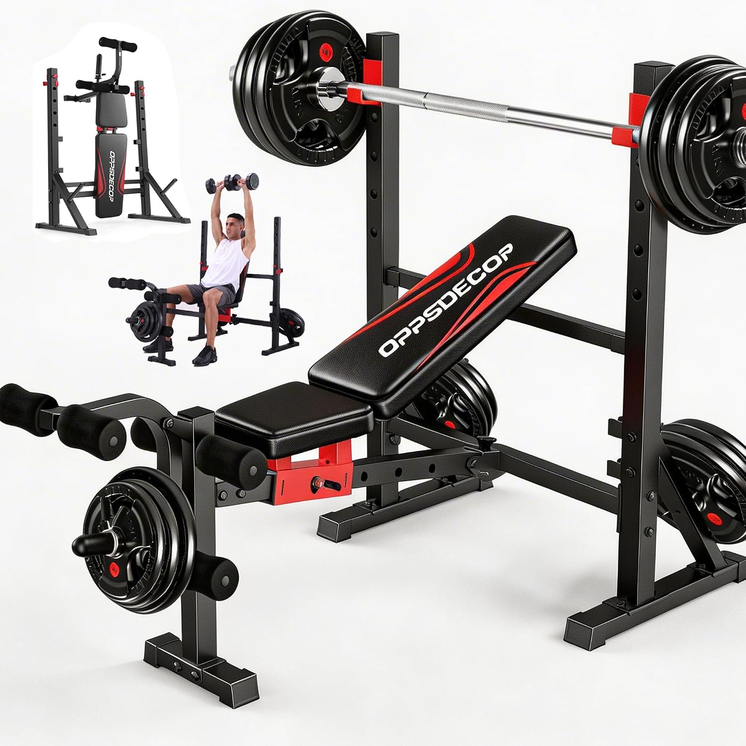 OPPSDECOR 900LBS 6 in 1 Weight Bench Set with Leg Extension and leg Curl, Adjustable Incline Decline Flat Bench Press with Squat Rack, Foldable All in One Home Gym Workout Bench for Full Body Training