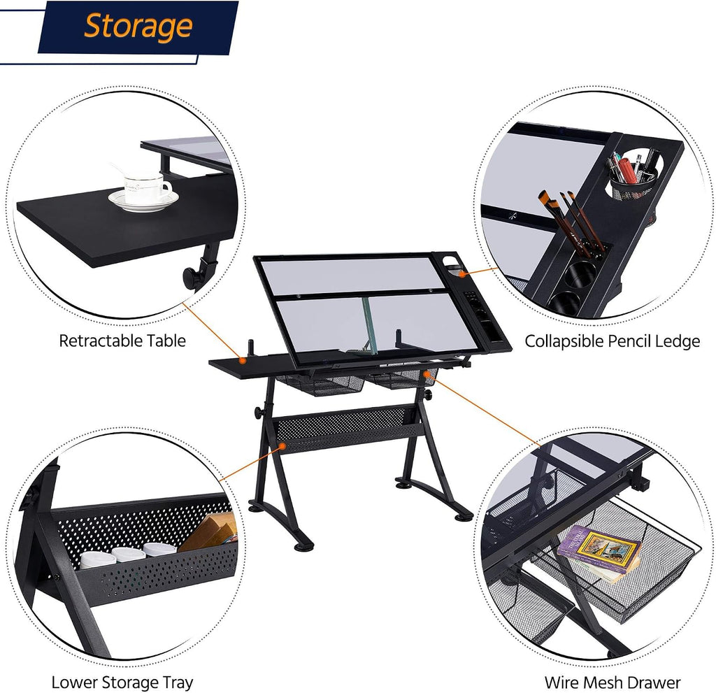 Yaheetech Drafting Table w/Stool Height Adjustable Multifunctional Art Craft Artists Desk Tilting Glass Tabletop Diamond Paintings Work Station w/2 Storage Drawers for Home Office