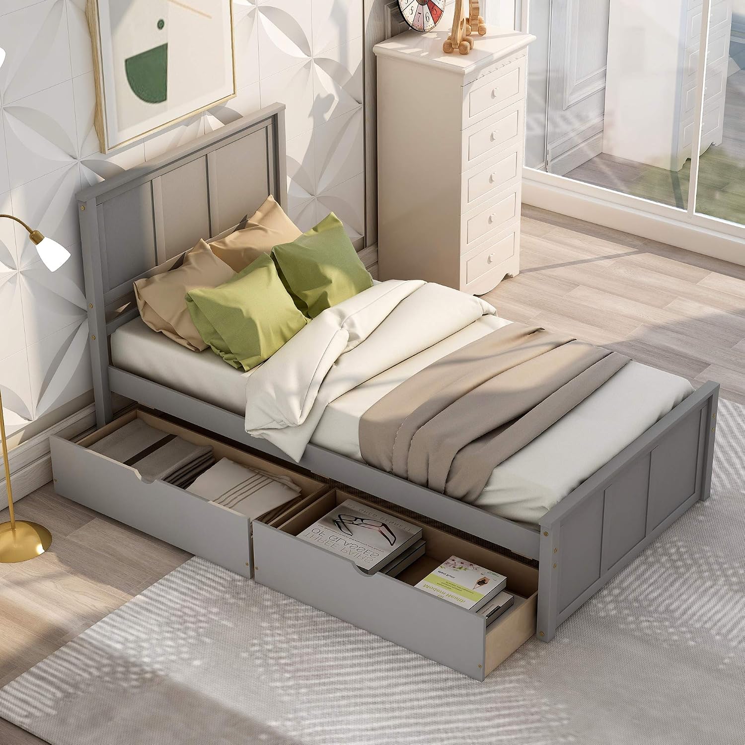 Twin Platform Bed with 2 Drawers and Headboard, Solid Wooden Twin Size Bed Frame with Storage and Wood Slats, Twin Size Platform Bed for Kids,Teens,Adults (Grey)