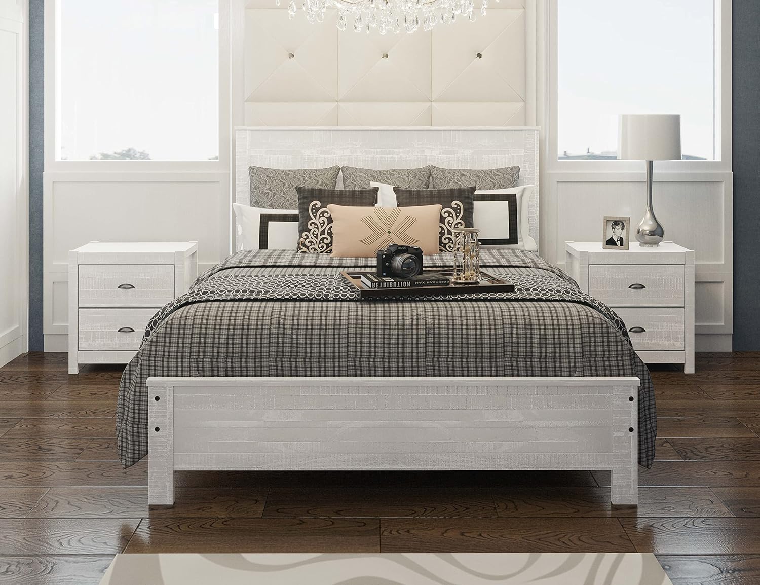 3 Pcs Twin Bed Set, Heavy Duty Solid Wood Twin Size Bed e with Bedside Table Set of 2, White