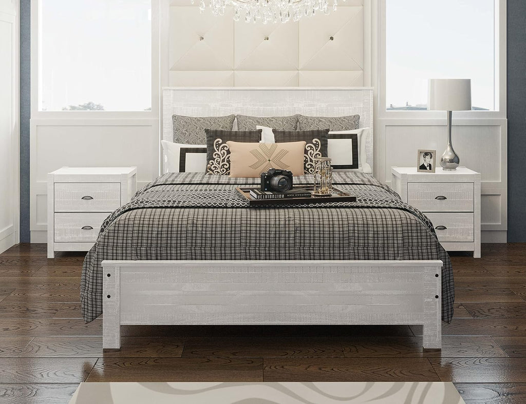 3 Pcs Twin Bed Set, Heavy Duty Solid Wood Twin Size Bed e with Bedside Table Set of 2, White