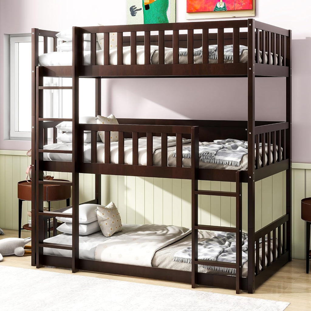 Twin Size Triple Rubber Wood Bunk Bed, Detachable Bunk Bed with Ladders, Guardrails, Twin Over Twin Over Twin for Kids, Espresso
