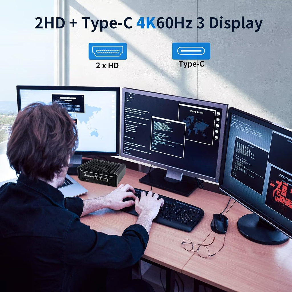 Firewall Micro Appliance J6413 4 Core, DDR4 8GB RAM 128GB NVMe SSD, 4 x i226V 2.5GbE LAN Fanless OPNsense Mini PC Router, AES-NI, 2HD+USB-C 3 Display Hardware, 2 x M.2 NVMe, TF Card Slot