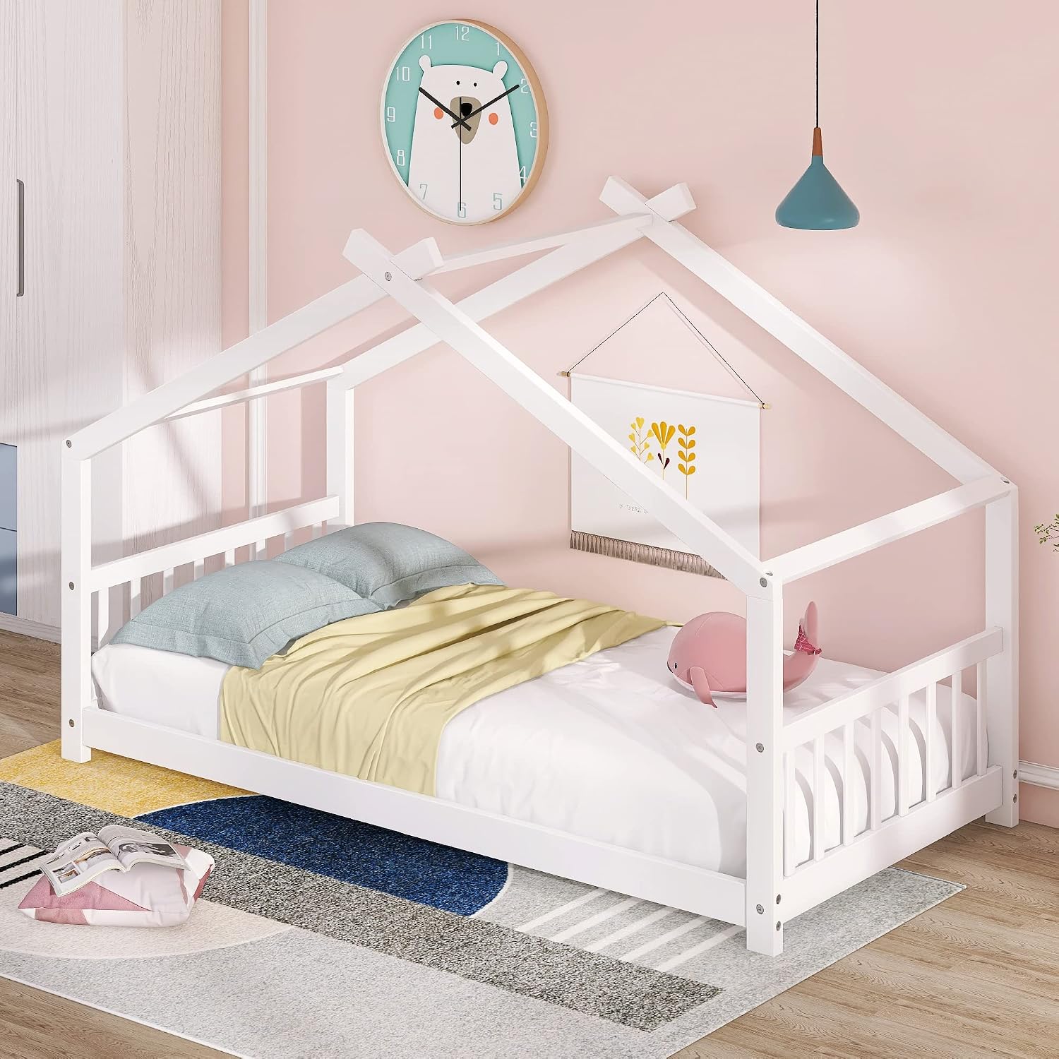 JIVOIT Twin Size Wood House Bed, Solid Wood Tent Bed Canopy Bed Frame with Roof Design, Twin Floor Bed with Wood Slats Support, No Box Spring Needed(White-Twin-Pinewood)