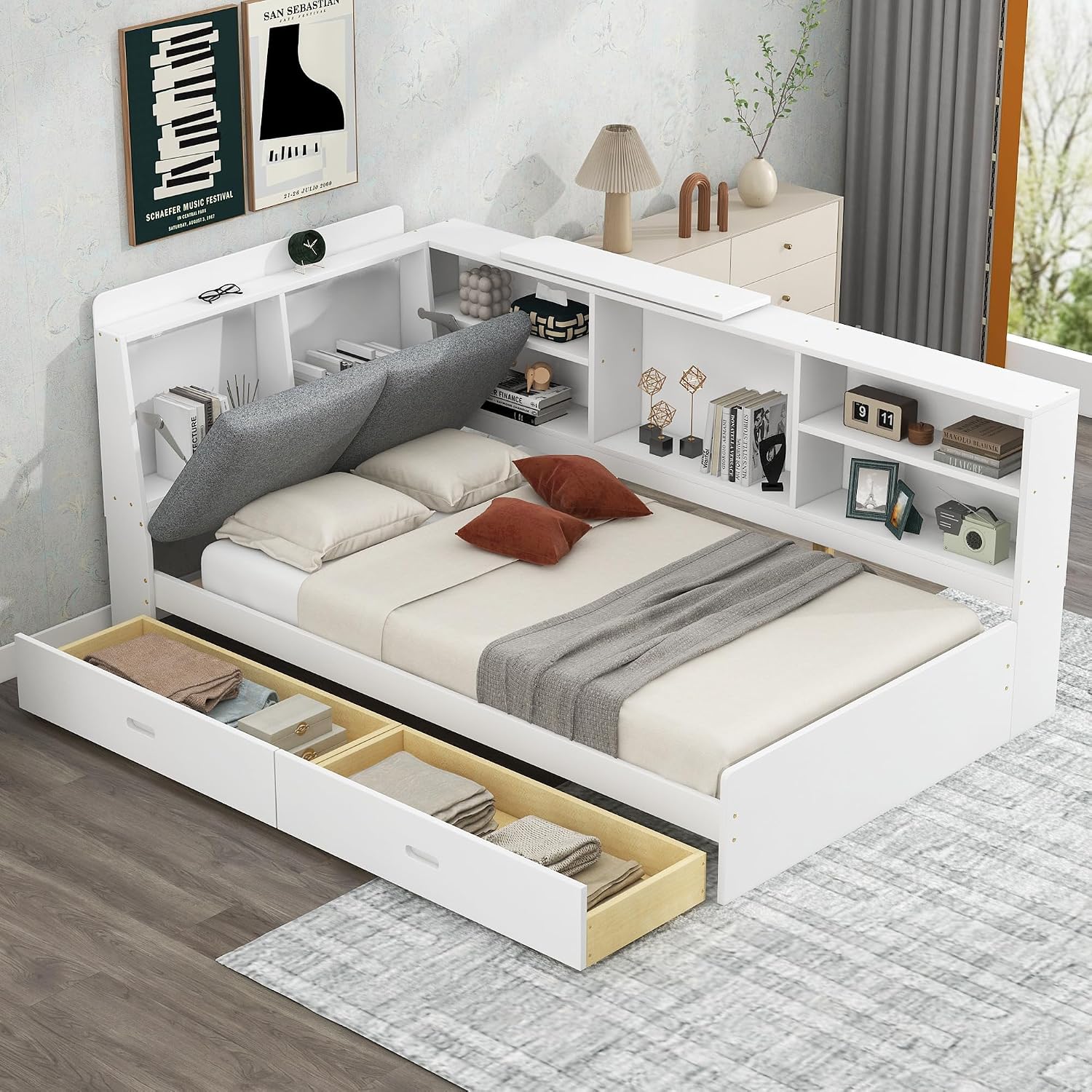 Twin Size Platform Bed with Storage Headboard and Shelves, Wooden Daybed Frame with Side Bookcase and 2 Drawers,Wood Slat Support, Rotatable Storage Board (White-83J)