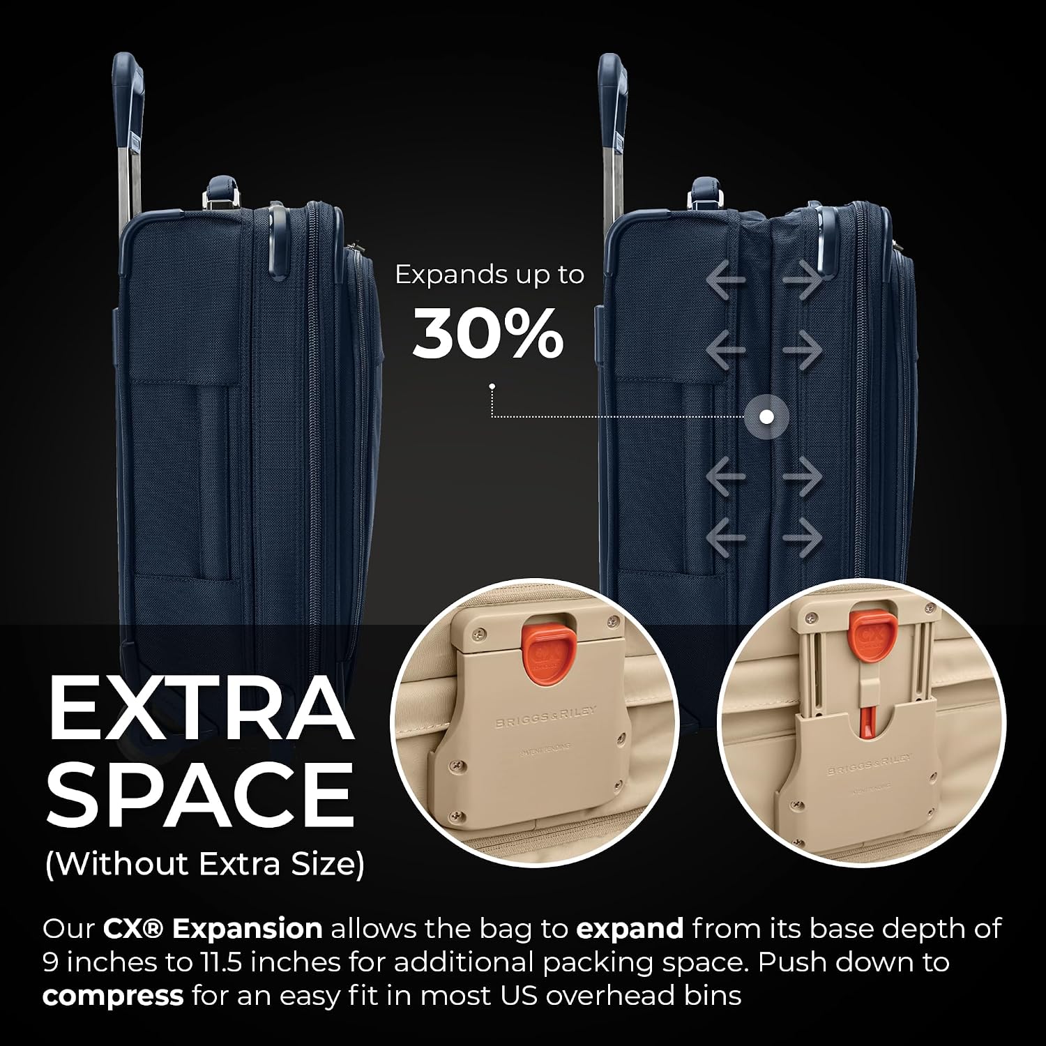 Briggs & Riley 21' Global 2-Wheel Expandable Carry On - Luggage for Travel, Suitcases with Wheels, Softside Rolling Bag for Men & Women, Self-Repairing Zipper - Baseline Collection, Navy